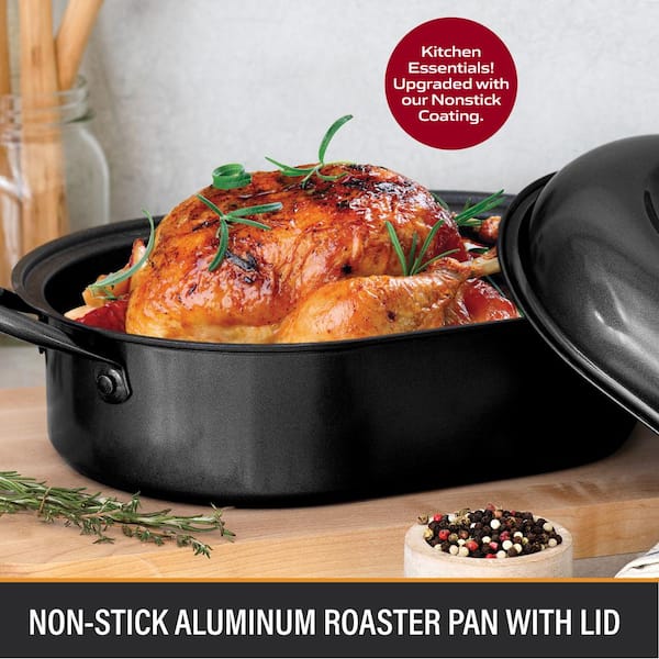 3.7 qt. Aluminum Nonstick Diamond Infused Coating Covered Oval Roasting Pan with Lid