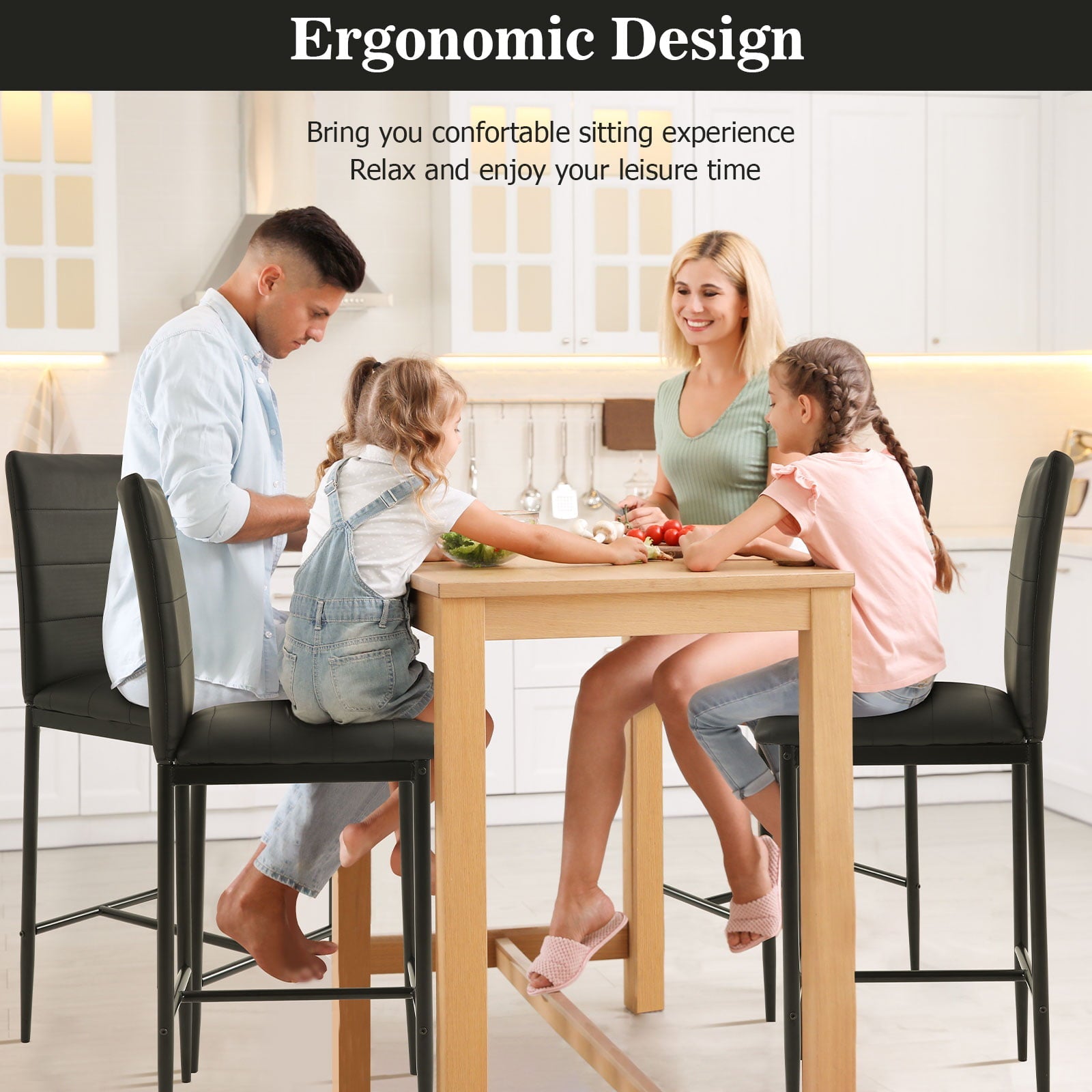 Surmoby Bar Stools Set of 2,Faux Leather Counter Height Bar Stools Set of 2,Industrial Stool Chairs with Back and Footrest,Black