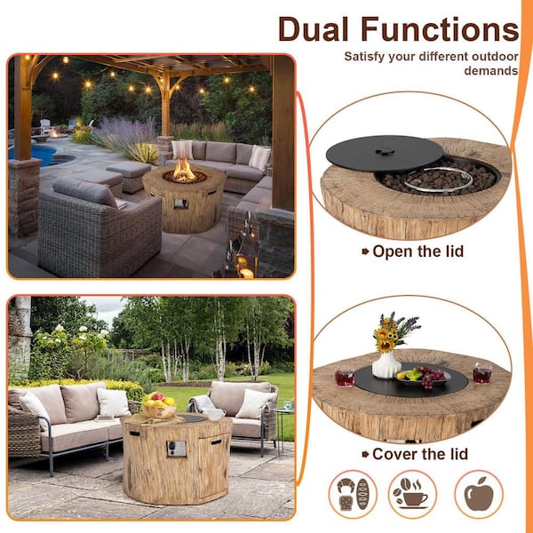 40 in. Stone Metal Round Propane Gas Fire Pit Table Wood-Like Surface with Laval Rock PVC Cover