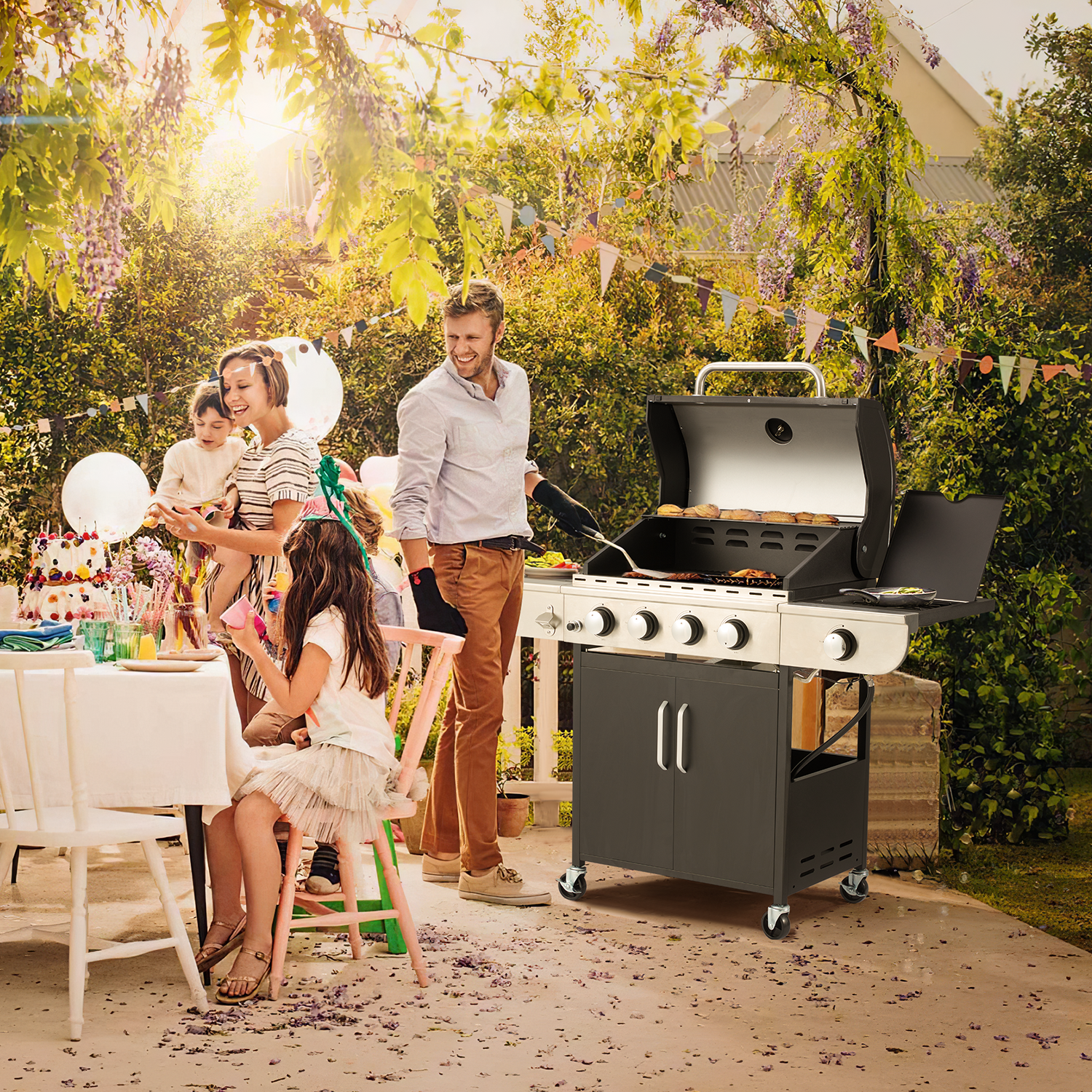 4 Burner Gas Grill,36000 BTU BBQ Propane Stainless Steel with Side Table for Patio Garden