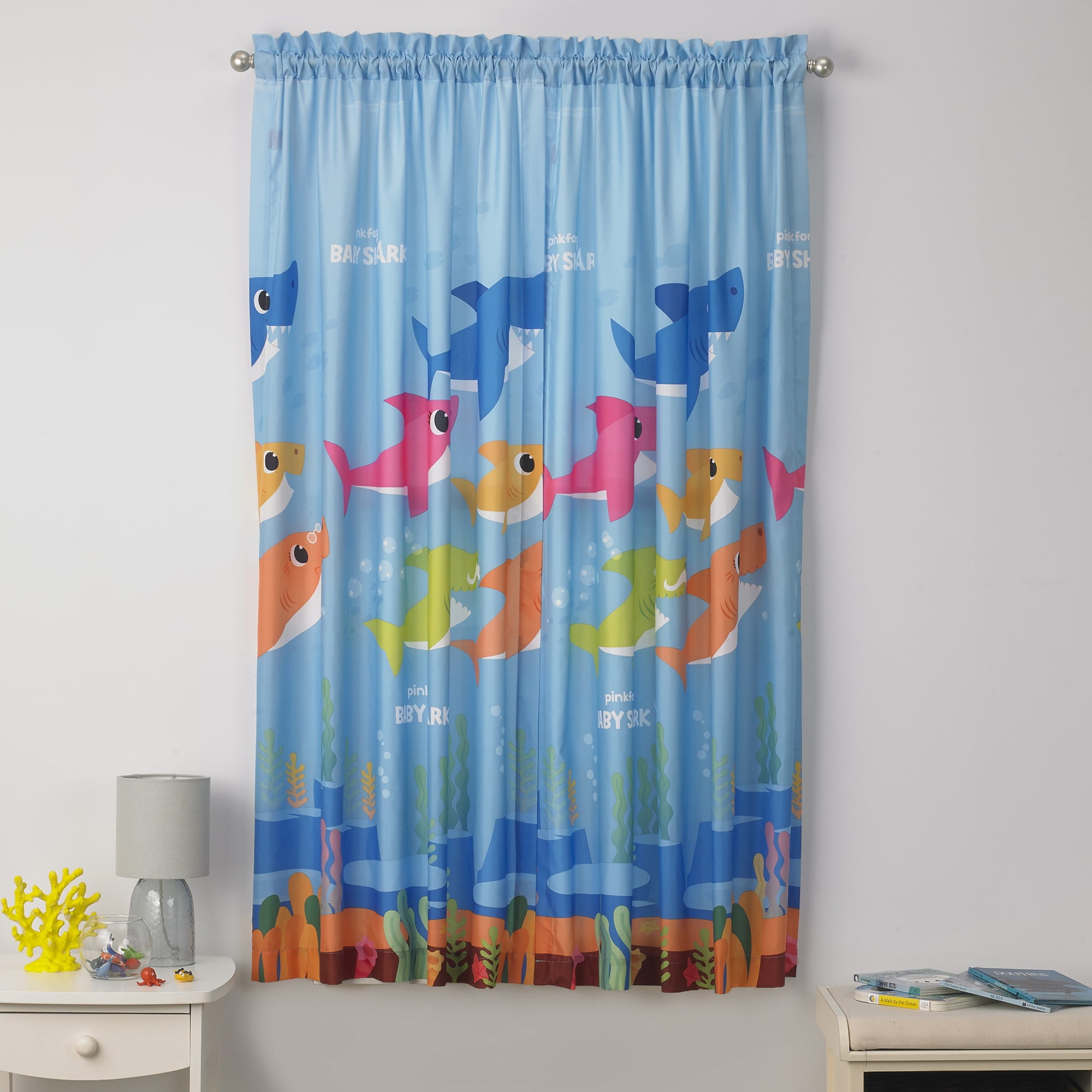 Baby Shark Kids Bedroom Microfiber Window Curtain Set, 2 Panels, 63