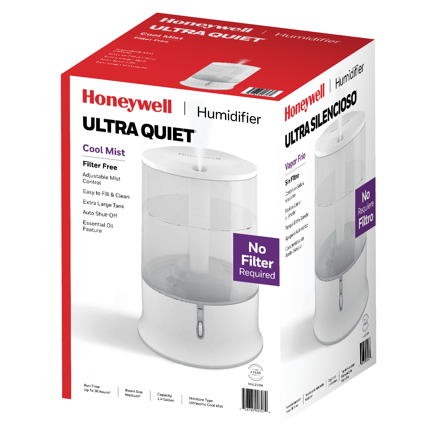 Honeywell Ultra Quiet Cool Mist Humidifier, 400 sq ft, White, HUL233W