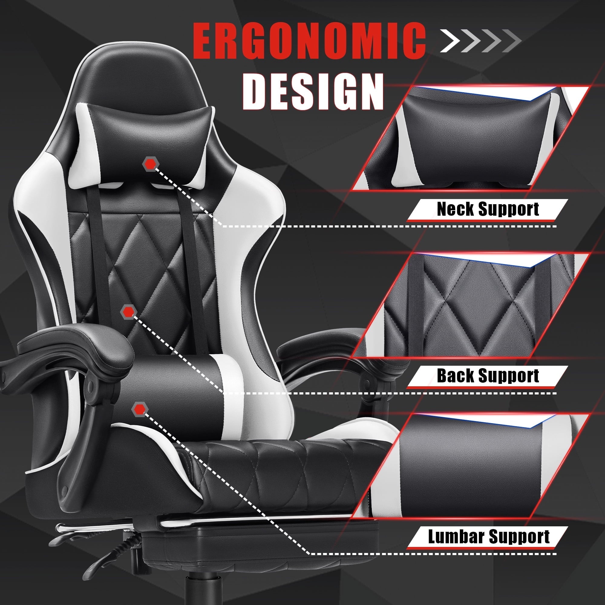 Homall Gaming Chair Massage Office Chair Computer Racing Chair High Back PU Leather Chair with Footrest, White