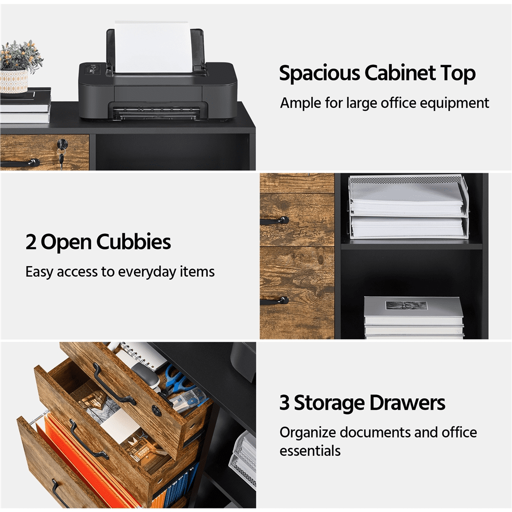 Smile Mart Rolling File Cabinet with 3 Drawers, Black/Rustic Brown