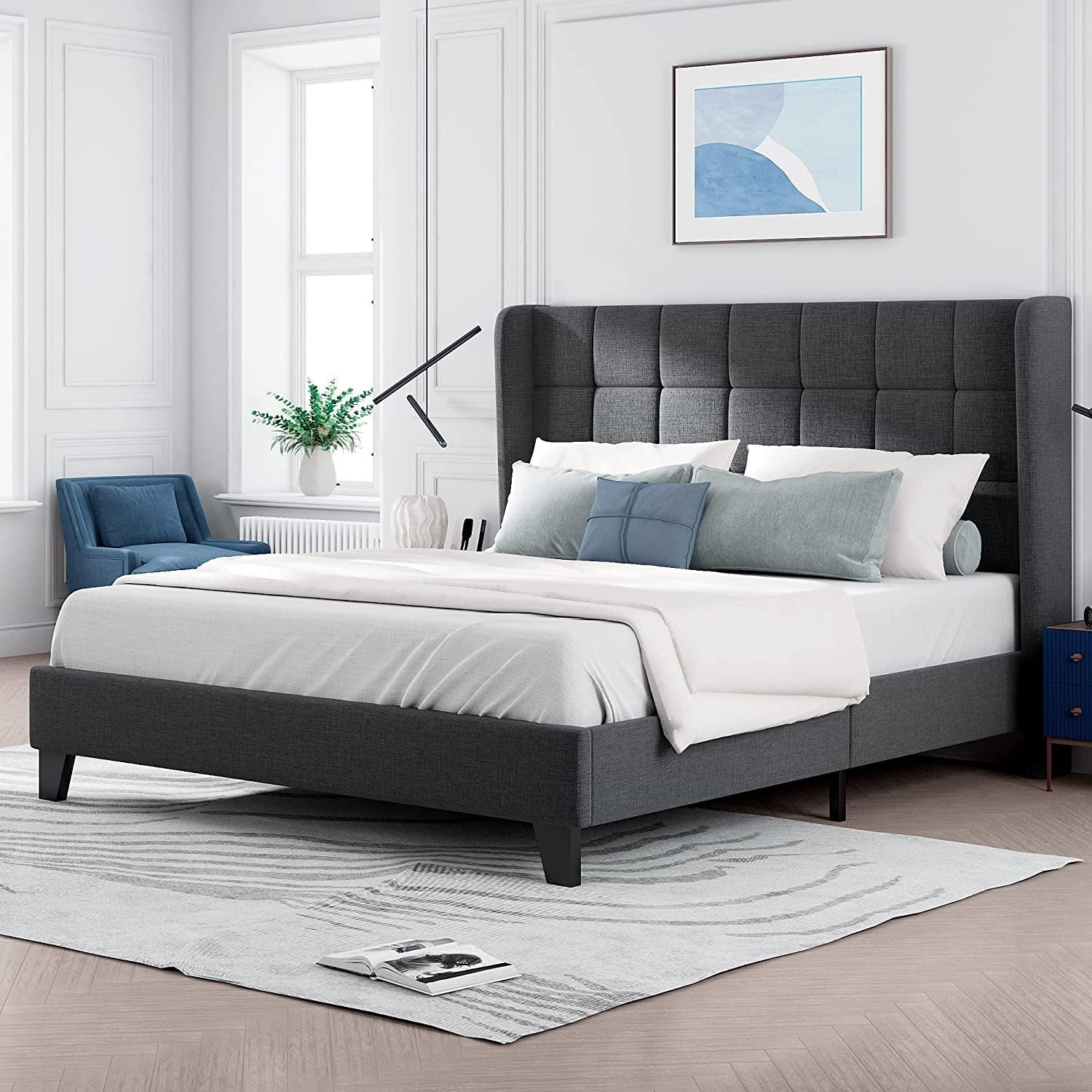 Allewie Queen Size Platform Bed with Wingback Fabric Upholstered Square Stitched Headboard and Wooden Slats, Grey