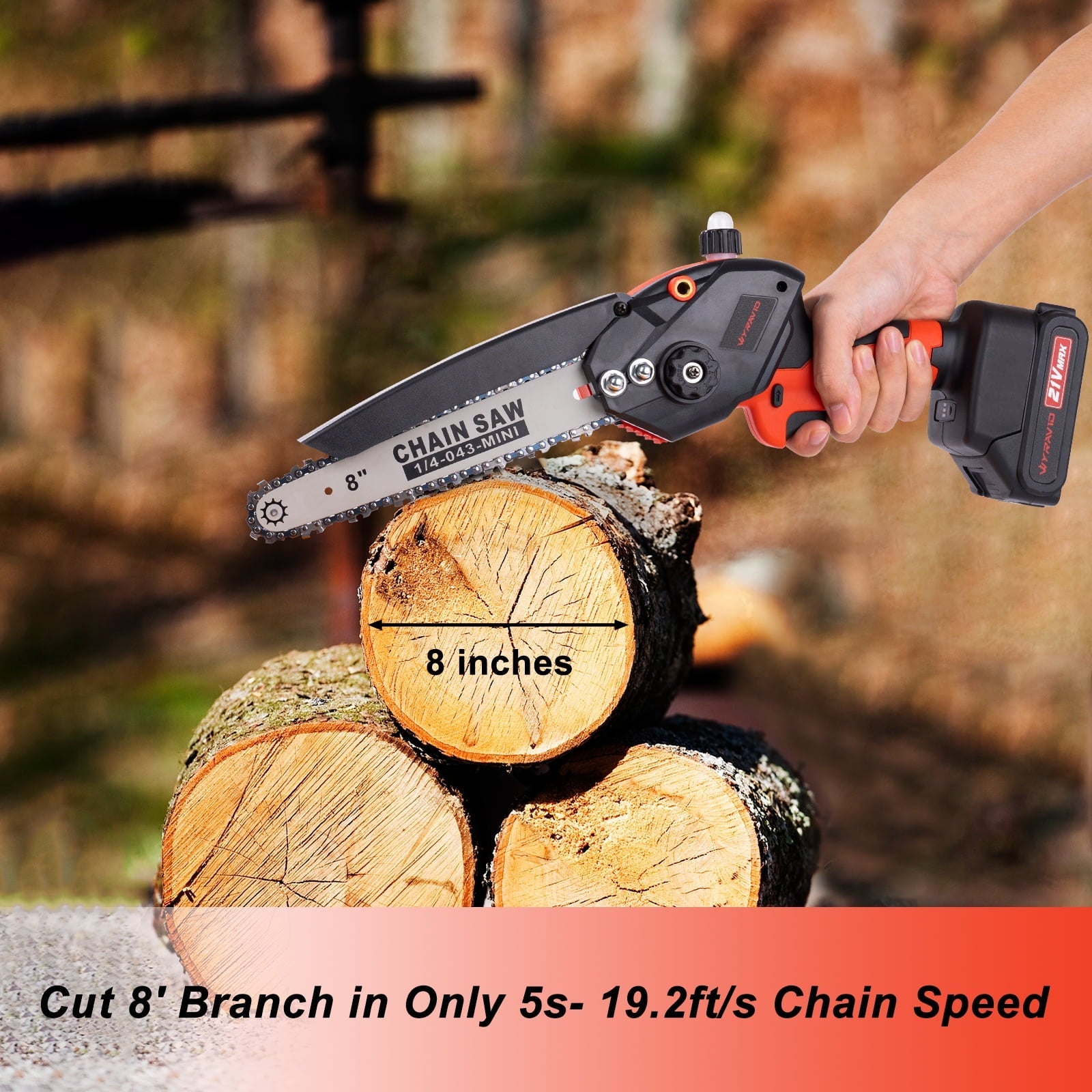 WYRAVIO Mini Chainsaw, 8-Inch Cordless Electric Chainsaw, Handheld Chainsaw with 6 and 8in Chains, Handheld Small Chainsaw for Tree Trimming Branch Wood Cutting, Red