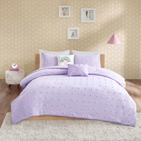 Ensley 5-Piece Lavender Full/Queen Cotton Jacquard Pom Pom Comforter Set