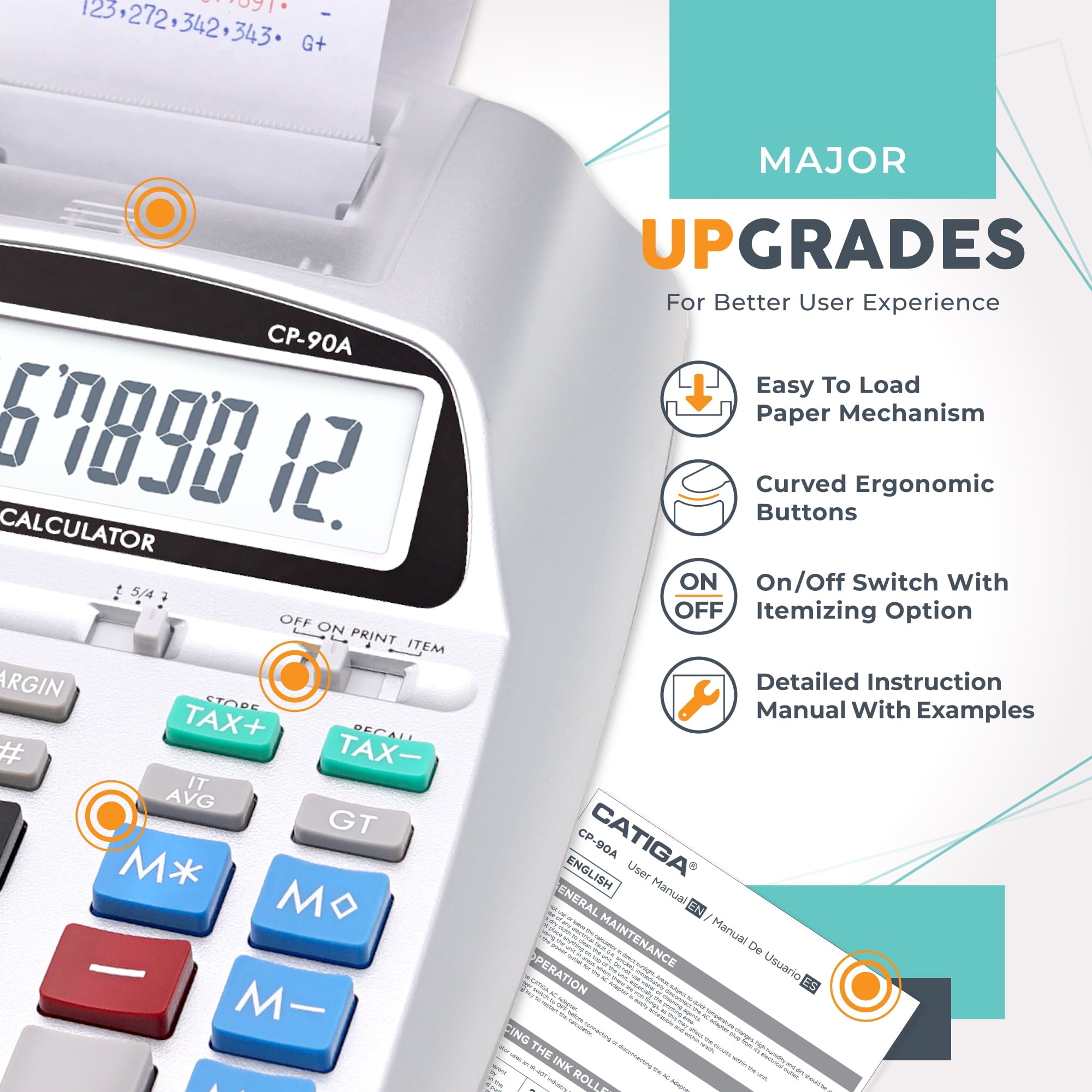 Printing Calculator with 12 Digit LCD Display Screen, 2.03 Lines/sec, Two Color Printing, Adding Machine for Accounting Use, AC Adapter Included