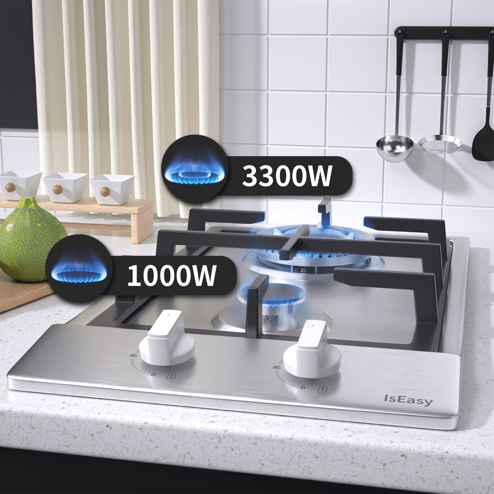 IsEasy Gas Cooktop, 12” 2 Burners Gas Hob, Stainless Steel Built-in Gas Hob Stove Top with NG/LPG Dual Fuel Conversion Kit