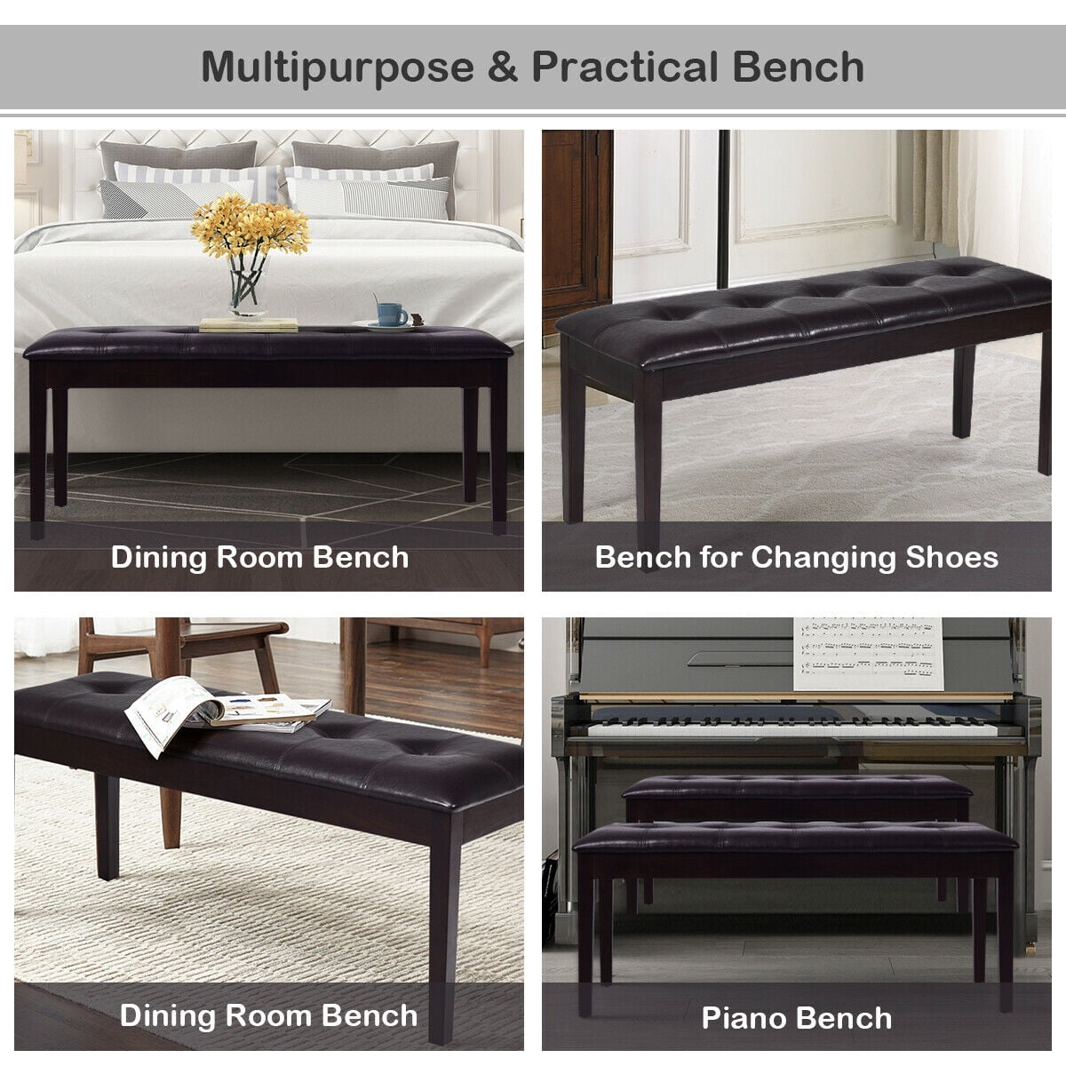 Gymax Upholstered PU Dining Room Bench Solid Wood Button Tufted Dining Room Bench