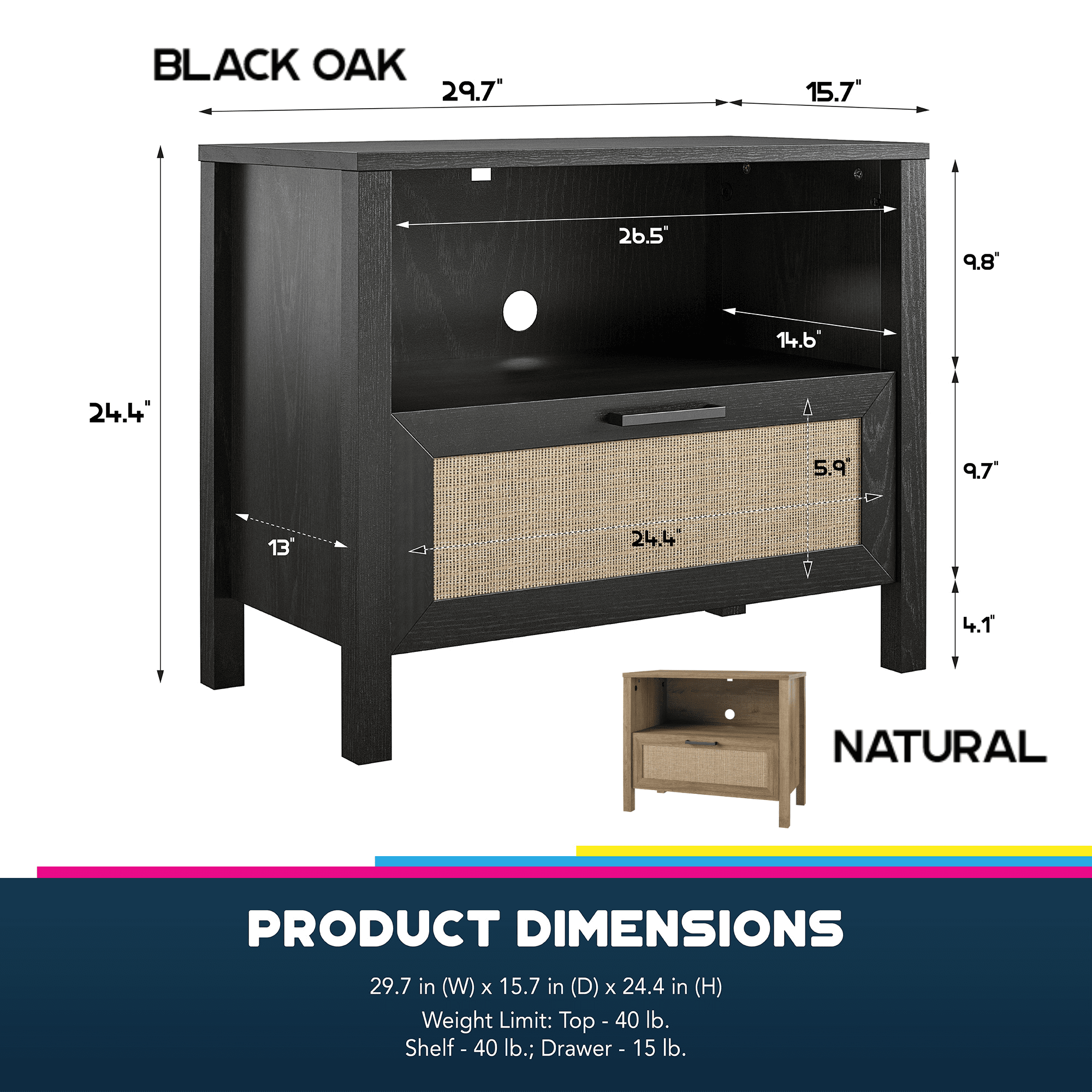 Queer Eye Wimberly 1 Drawer Nightstand, Natural with Faux Rattan