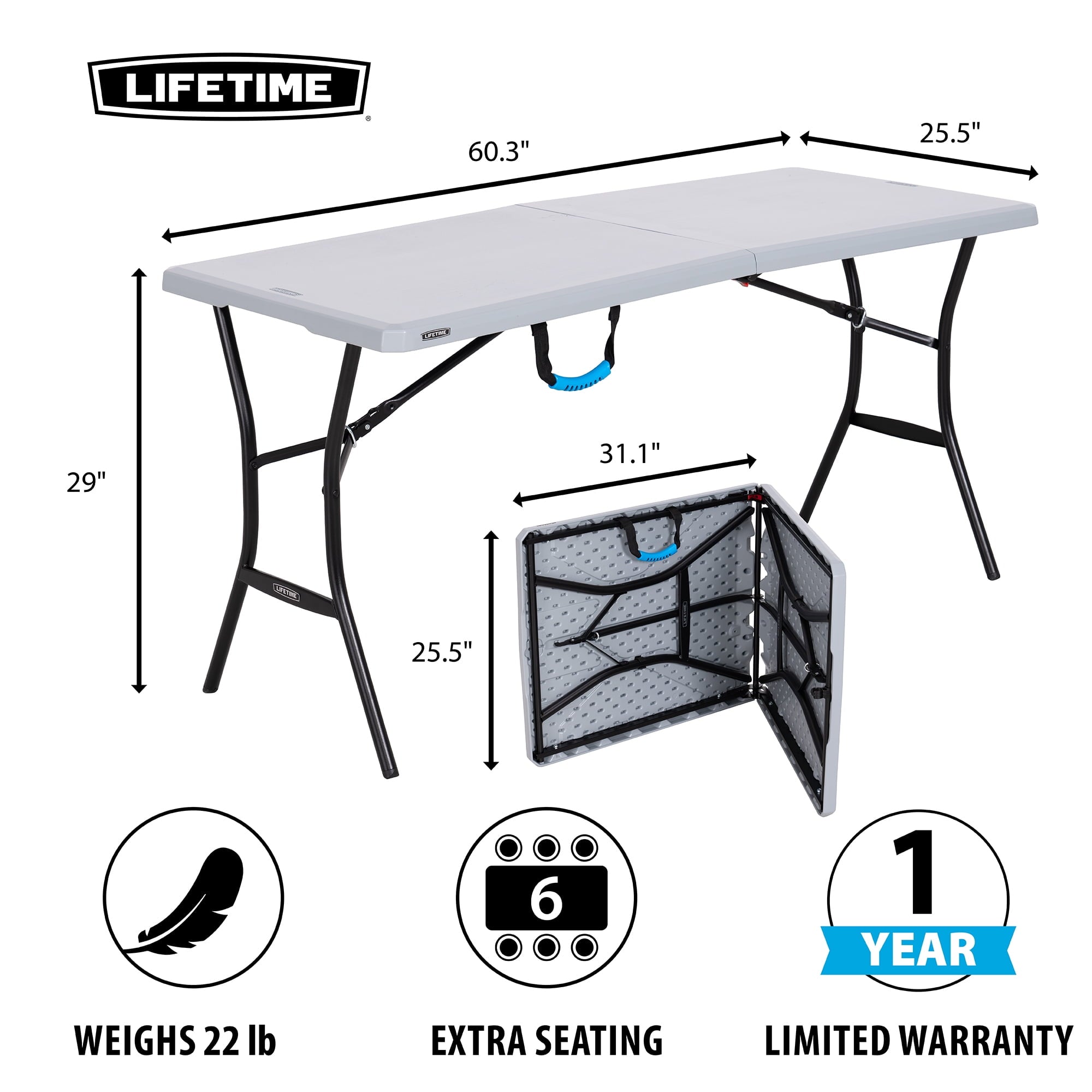 Lifetime 5 Foot Rectangle Fold-in-Half Table, Indoor/Outdoor Essential, Gray, 60.3