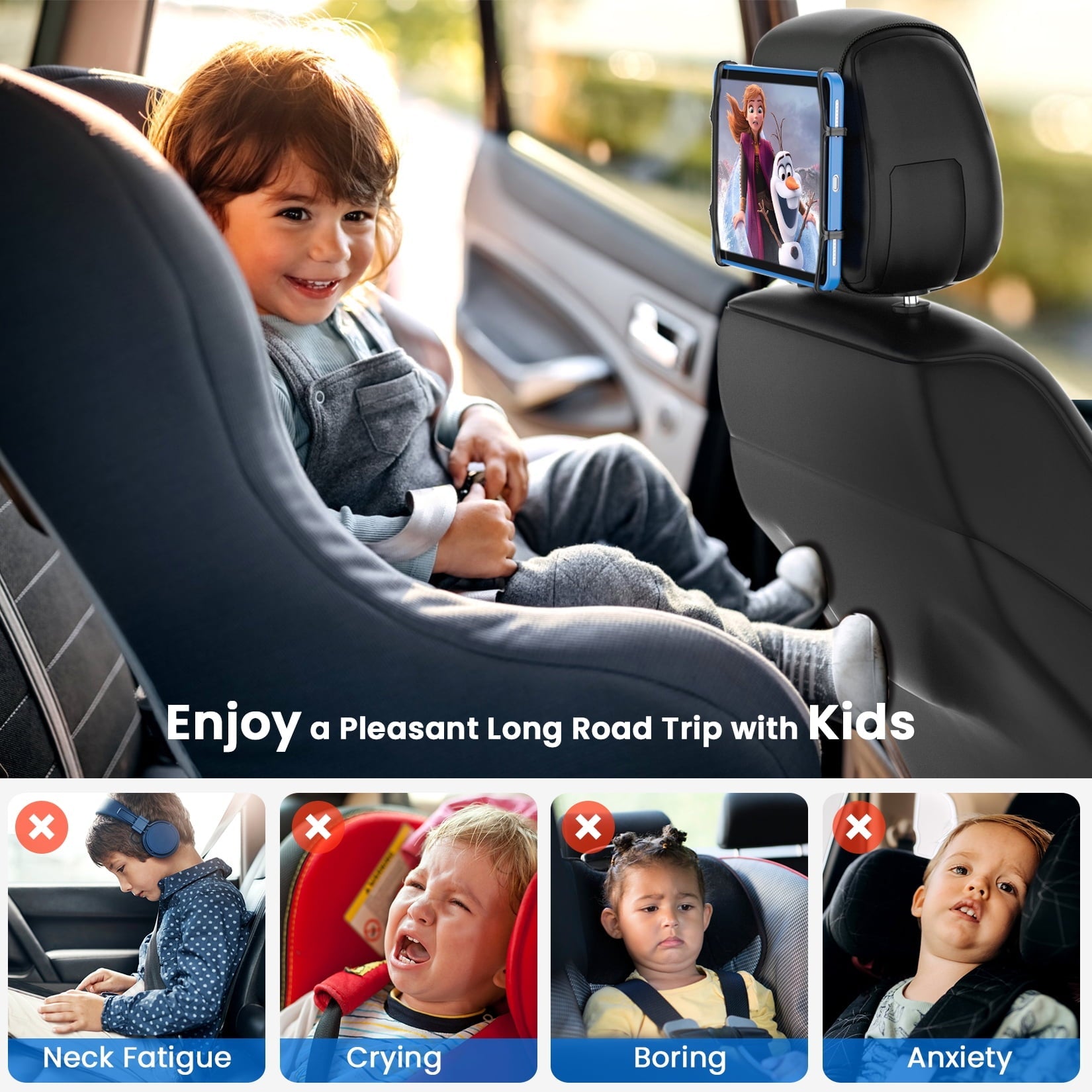 NUSICAN Car Headrest Mount Holder, Universal Back Seat Headrest Tablet Holder, Silicone Holder for Kids Tablet Stand, Anti Slip & Angle-Adjustable Holder Fits for 7-12.9'' Tablets iPad Pro Air