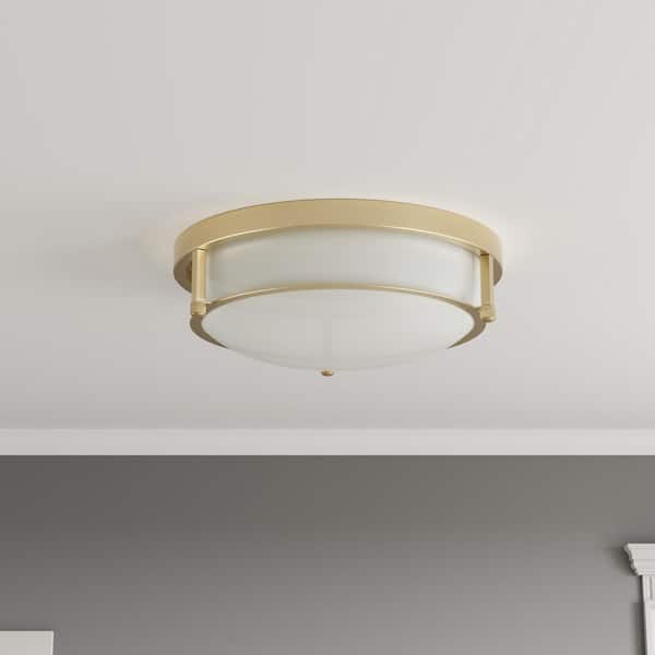 13 in. 2-Light Industrial Gold Flush Mount Farmhouse Close to Ceiling Light Fixture with White Glass Shade