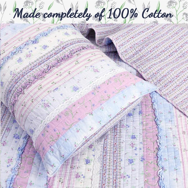 Lavender Orchid Flower Garden Ruffle Lace Stripe 3-Piece Shabby Chic Purple Blue Cotton King Quilt Bedding Set