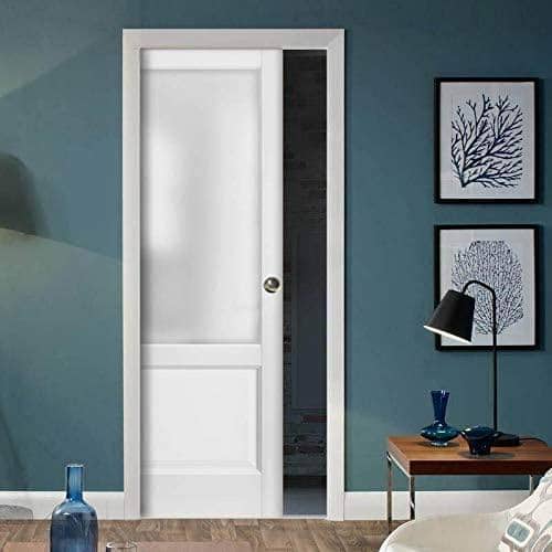 1422 36 in. x 80 in. 1 Panel White Finished Pine Wood Sliding Door with Pocket Hardware