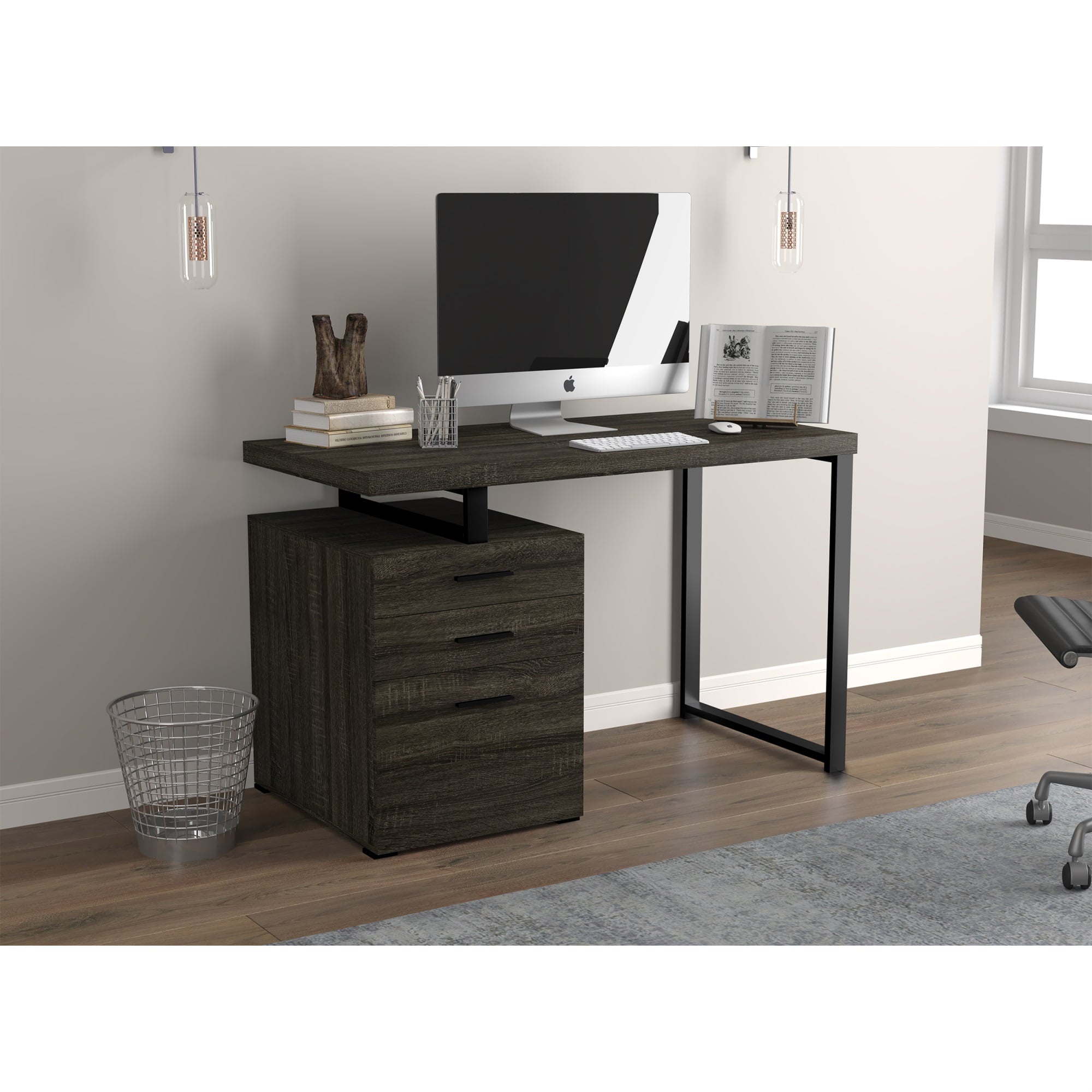 Computer Desk 47.25L Dark Grey 3 Drawers Black Metal