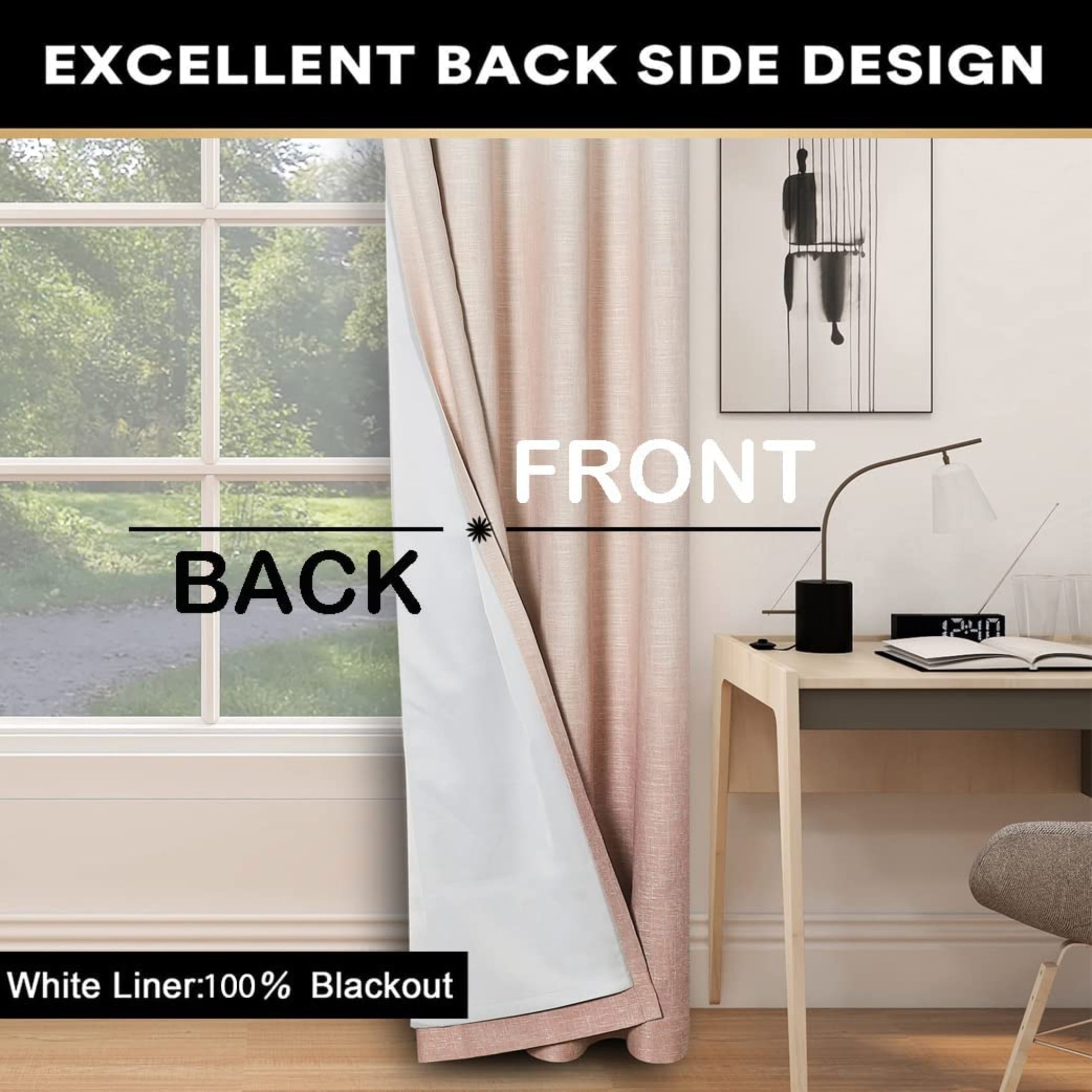 Uptown Home Pink White Ombre Full Blackout Window Curtain Panels Linen Texture Greyish White Liner Gradient Grommet Drapes for Grils Room Room, 50