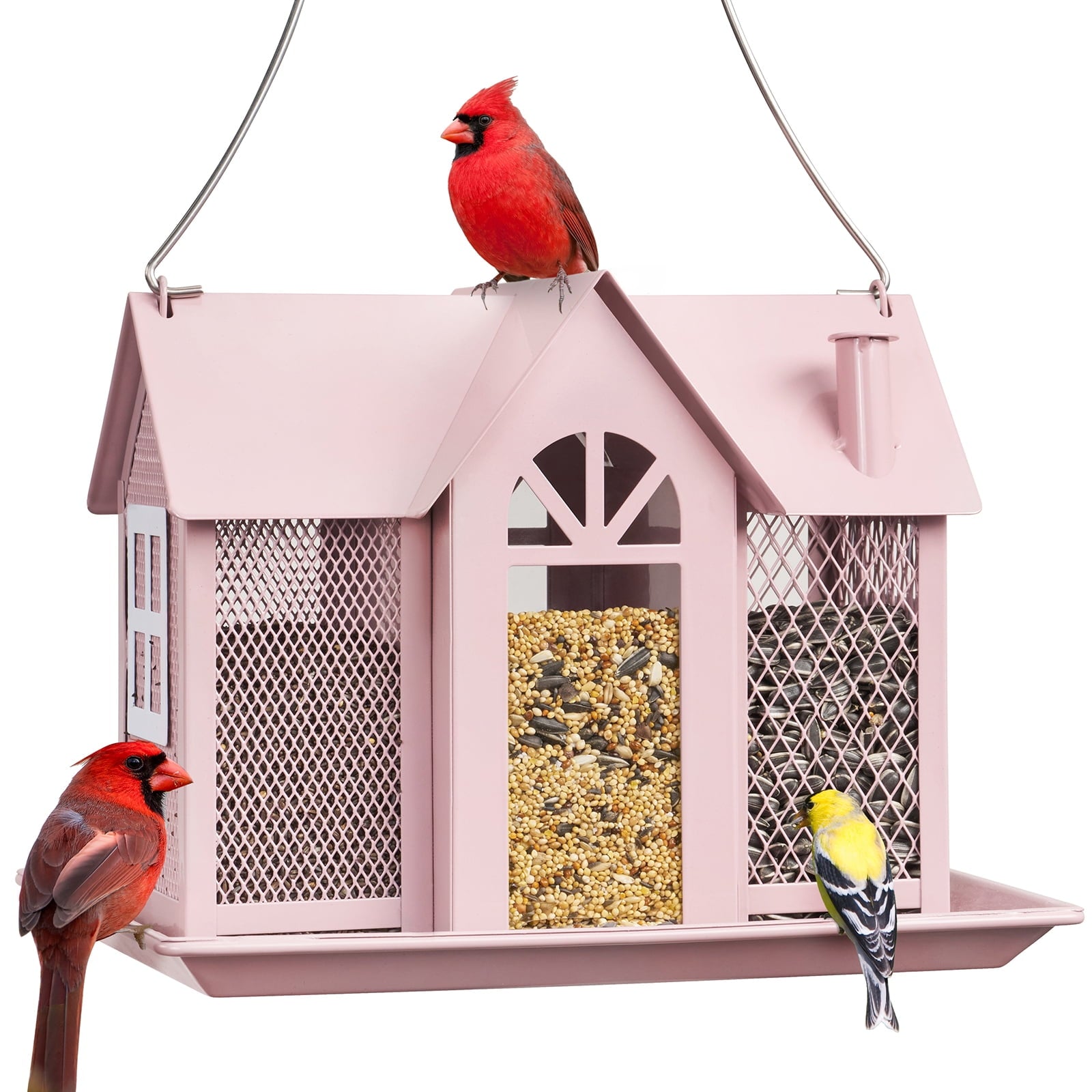 Kingsyard Metal Bird Feeder with Triple Feeders for Outside Finch Cardinal, Large Capacity, White