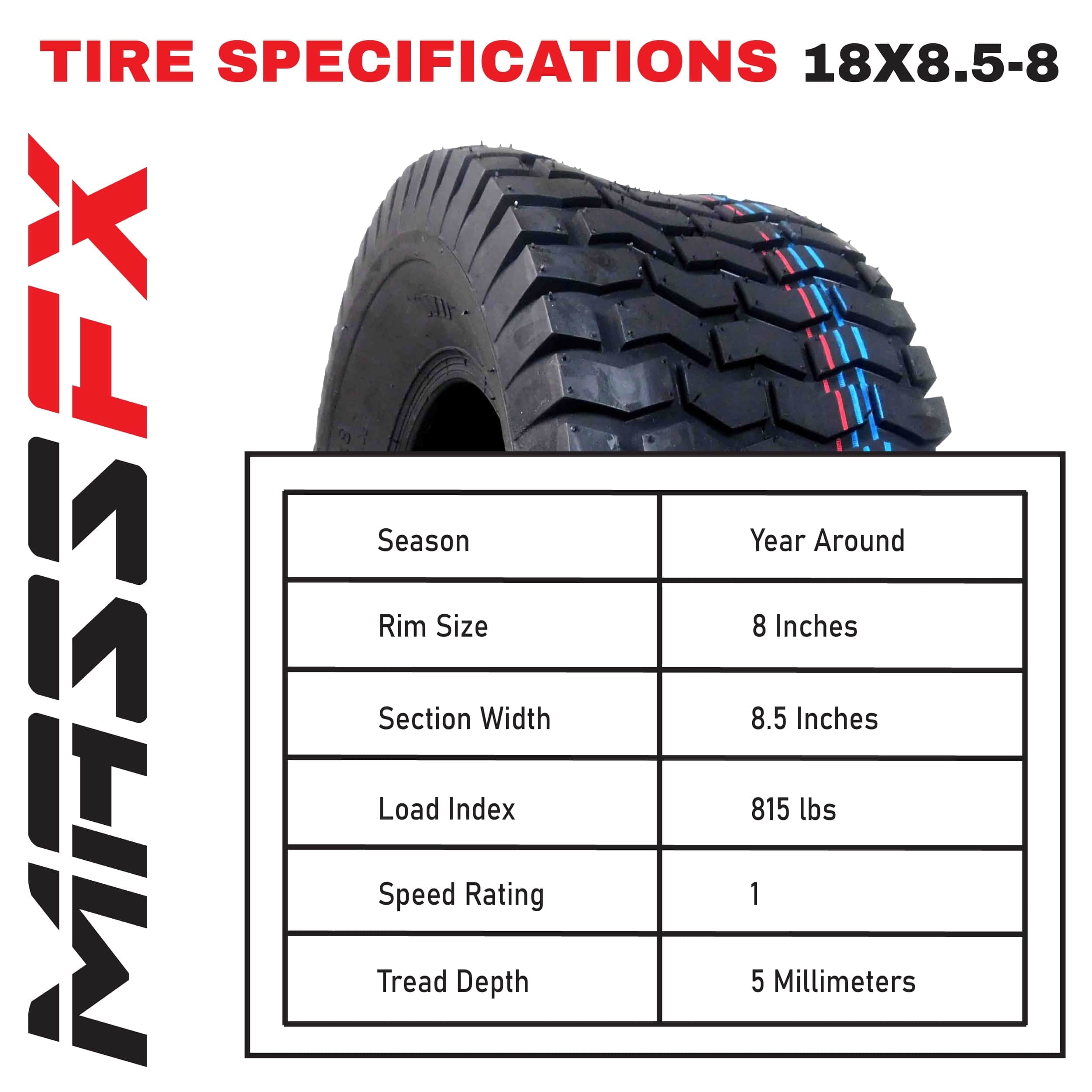 MASSFX 18x8.5-8 Lawn & Garden, Golf Cart, Turf Tires 4 Ply with 5mm Tread Depth 18x8.5x8 (4 Pack)
