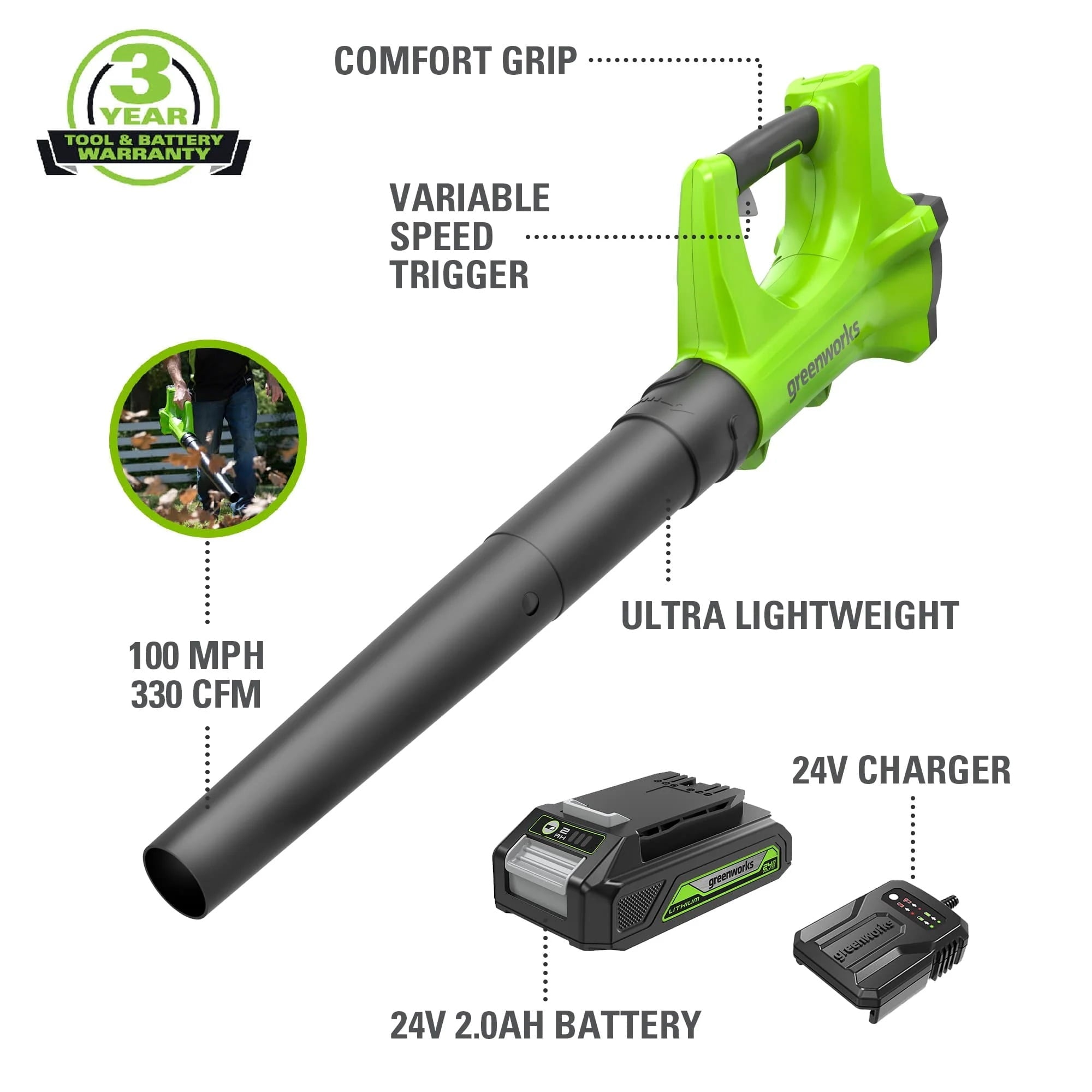 Greenworks 24V 330 CFM 100 mph Cordless Leaf Blower with 2.0 Ah Battery and Charger, 2403502AZ