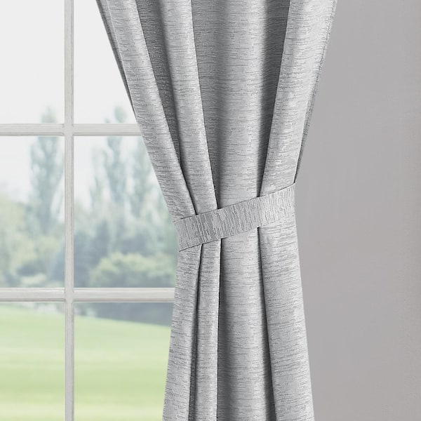 Melinda Silver Lurex 38 in. W x 96 in. L Rod Pocket Light Filtering Tiebacks Curtain (2 Panels)