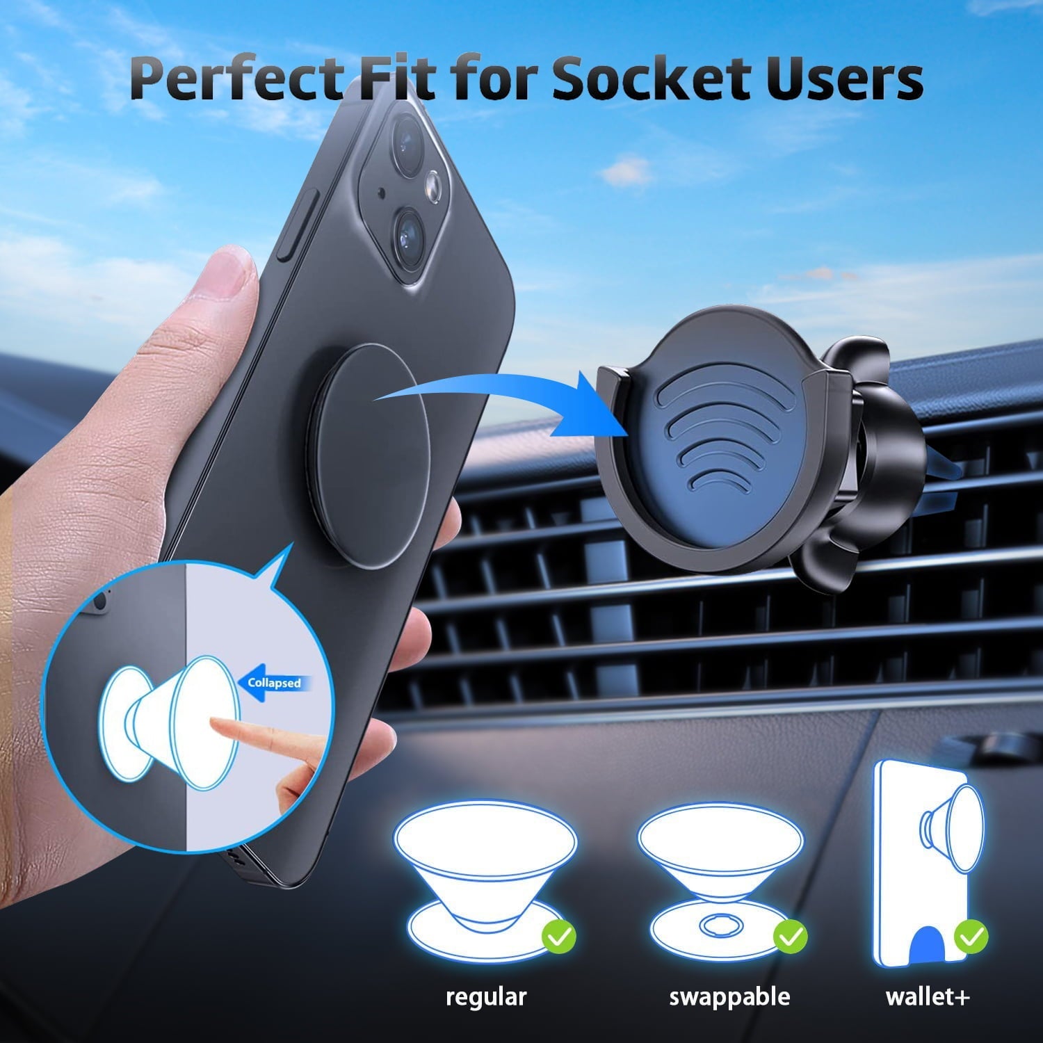Air Vent Phone Holder for Socket, pop-tech Vent Car Mount Silicone with Adjustable Clip for Collapsible Grip Black