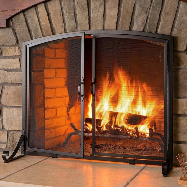 Black Freestanding Flat Steel 2-Panel Fireplace Screen for Indoor Living Room