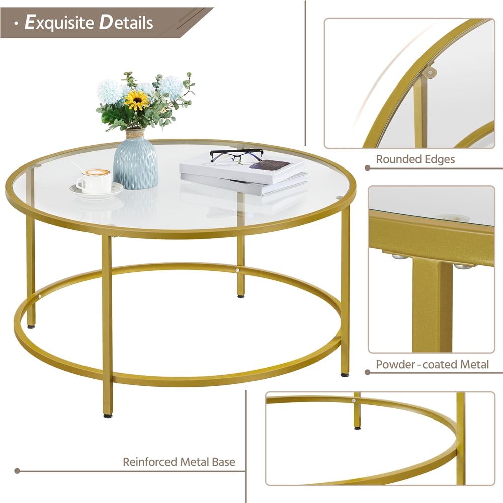 Alden Design Round Modern Glass-Top Coffee Table, Gold