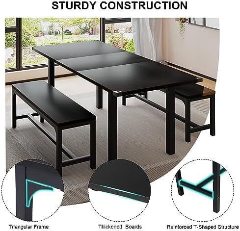 PPDMBIUU 3-Piece Dining Table Set with 2 Benches  Extendable Dining Room Table for 4-8  Kitchen Table Set with Metal Frame & Wooden Board  Easy Clean  Walnut