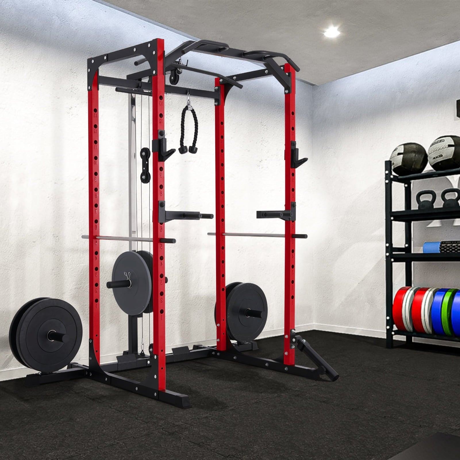 MJDB Power Cage with LAT Pulldown System,1200LBS Weight Capacity Power Rack Cage, Multi-Functional Squat Rack with 13-Level Adjustable Heights and J-Hooks, Dip Bars, Gym Equipment (Upgraded)