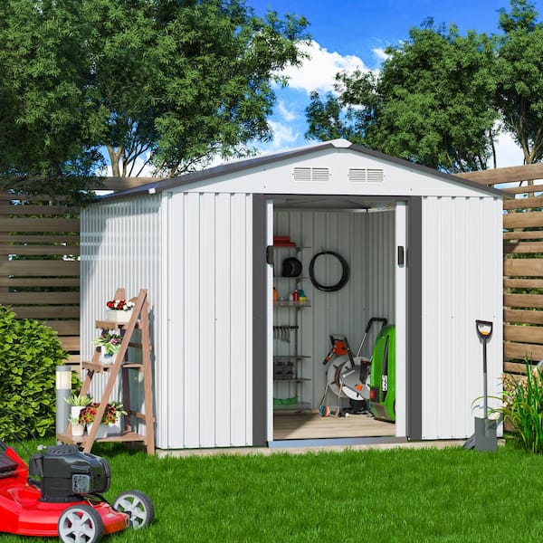 8.4 ft. W x 8.4 ft. D Outdoor Metal Storage Shed Garden Tool Storage with Sliding Door,White and Gray(70.56 sq. ft.)