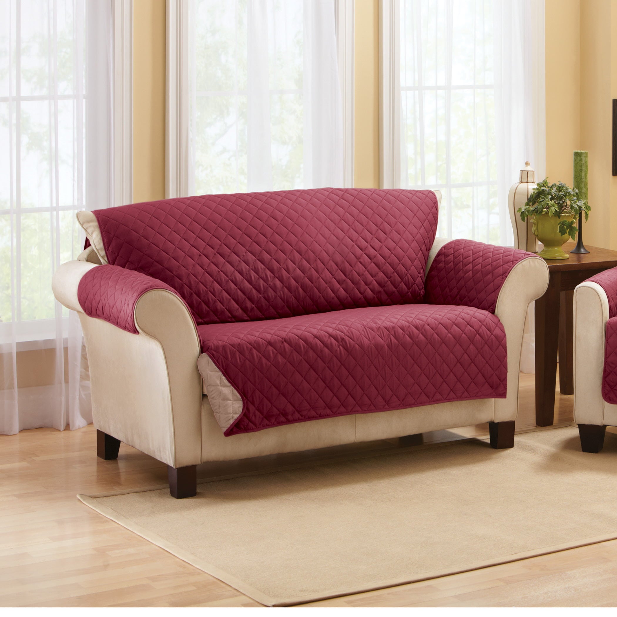 Collections Etc Reversible Quilted Furniture Protector Cover, Burgundy/Taupe, Loveseat