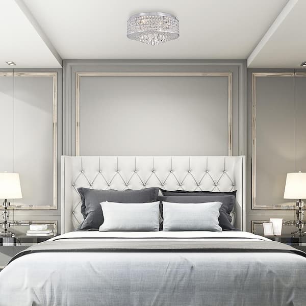 Clara 17.5 in. Glam 4-Light Chrome Flush Mount with Crystal Beaded Drum shade and Hanging Crystals