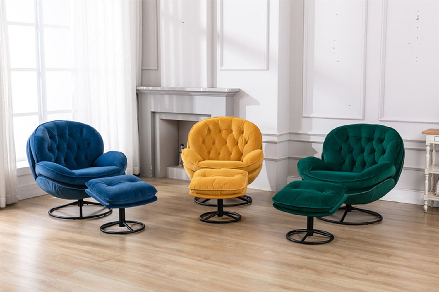 Velvet Swivel Accent Chair with Ottoman Set, Modern Lounge Chair with Footrest and Metal Base Comfy Armchair with 360 Degree Swiveling Single Sofa Chair Accent Chairs for Living Room, Green