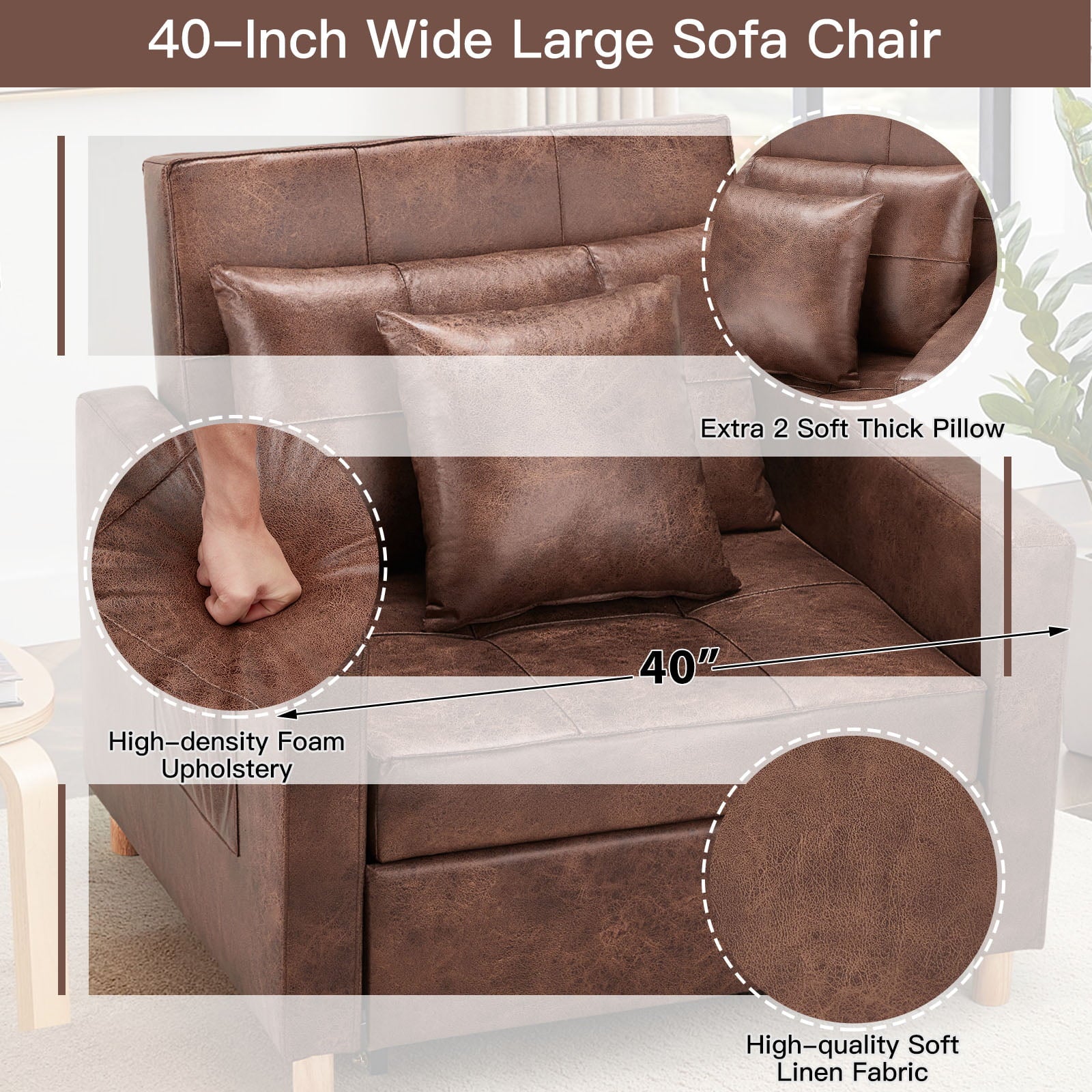 YODOLLA 3-in-1 Sofa Bed Chair, Convertible Sleeper Chair Bed-Saddle Brown