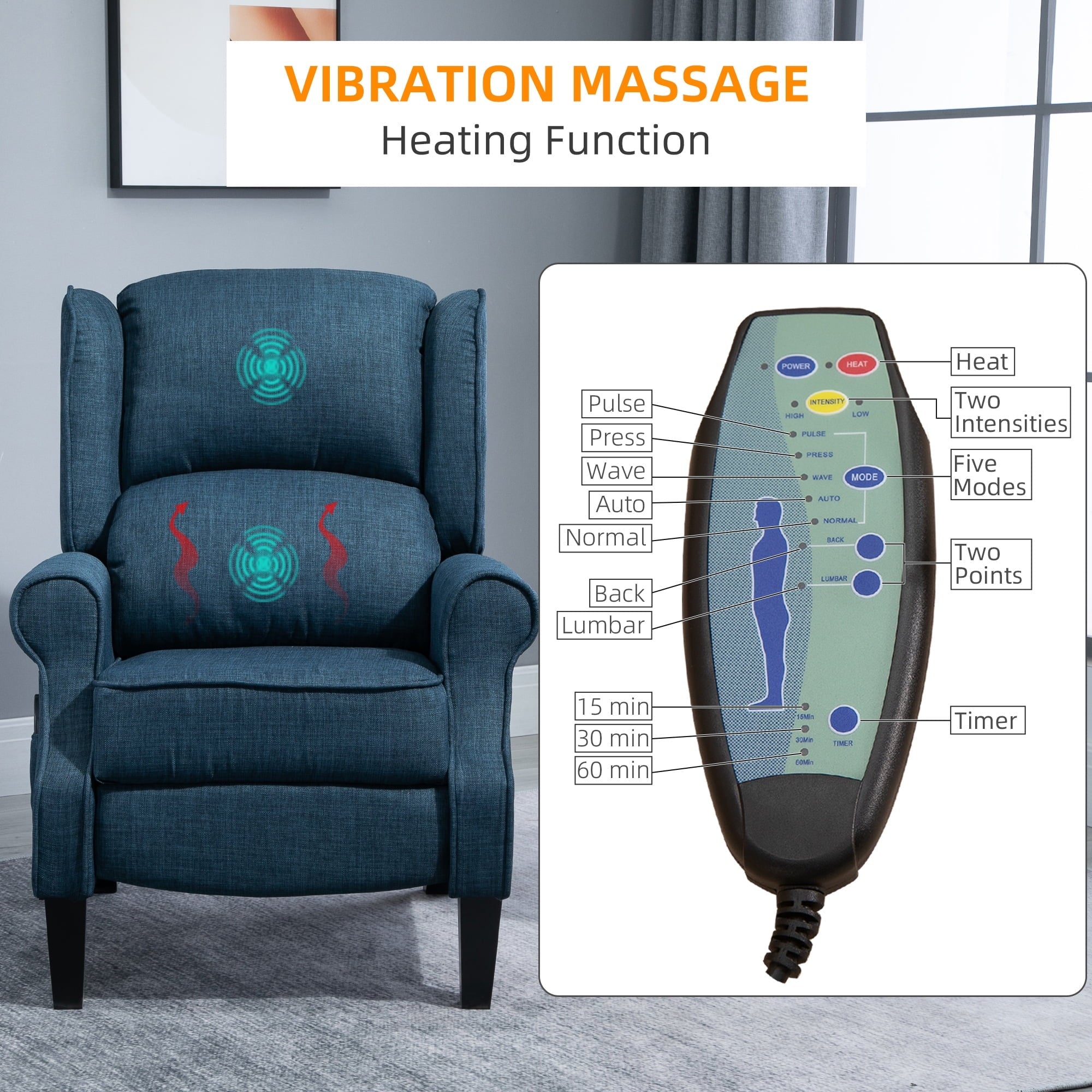 Relaxing Fabric Heated Massage Chair Vibrating Recliner Sofa with Remote Control