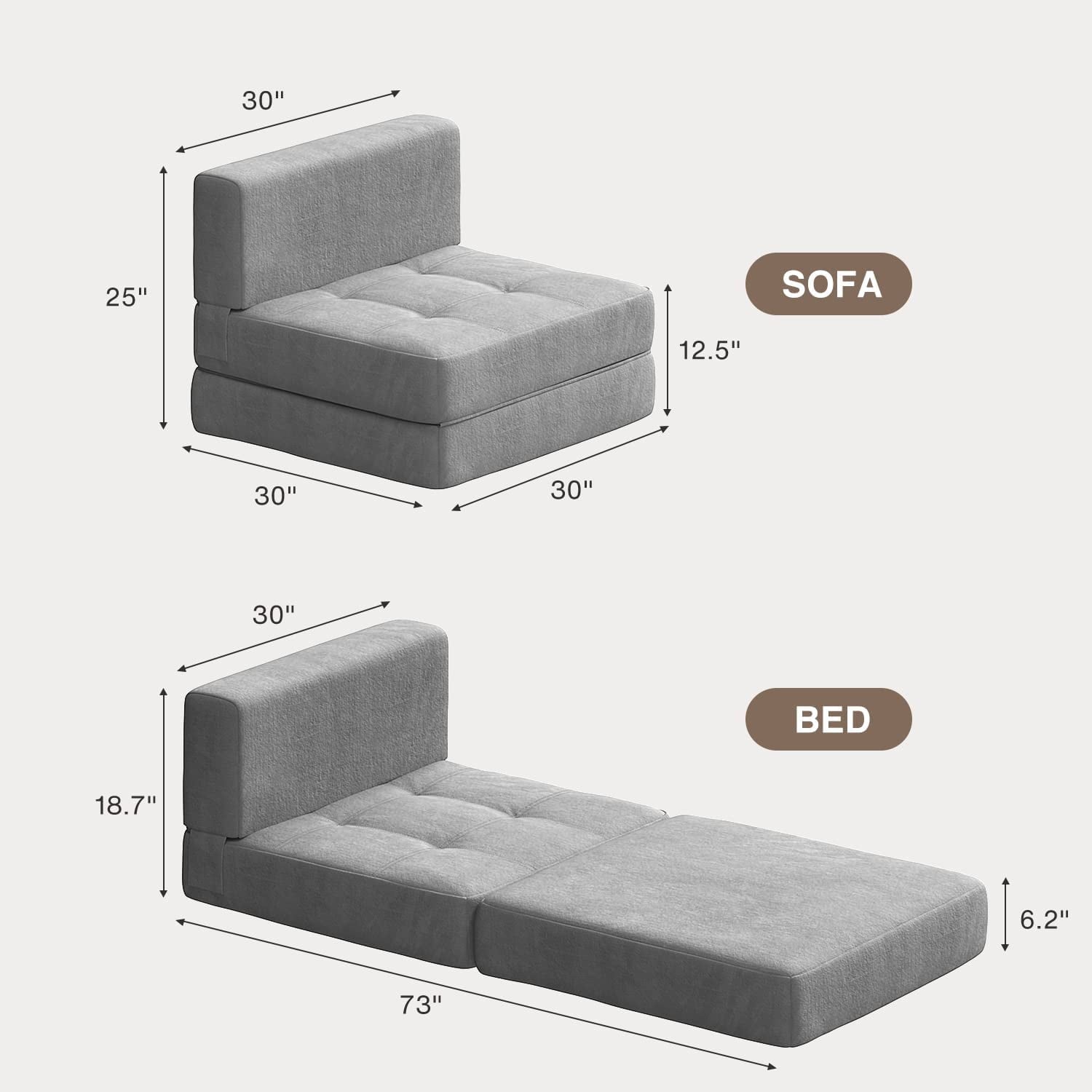 Lofka Chair Bed, Sleeper Sofa Bed with Removable Cover Light Gray