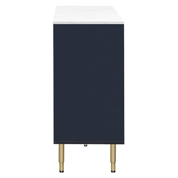 Modern Navy Wood 60 in. Sideboard Marble Sticker Tabletop and Amber Tempered Glass Doors with Gold Metal Legs Handles