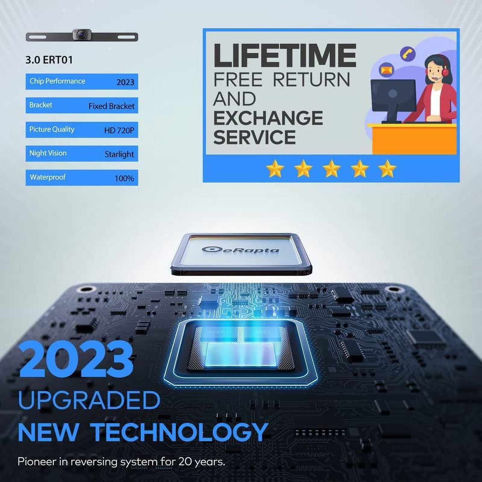 eRapta ERT01 HD Backup Camera for Car, Rear View Camera License Plate Reverse Camera for Truck Trailer SUV Pickup Universal Vehicles 149° Wide Angle Crystal Night Vision 9 Level Waterproof