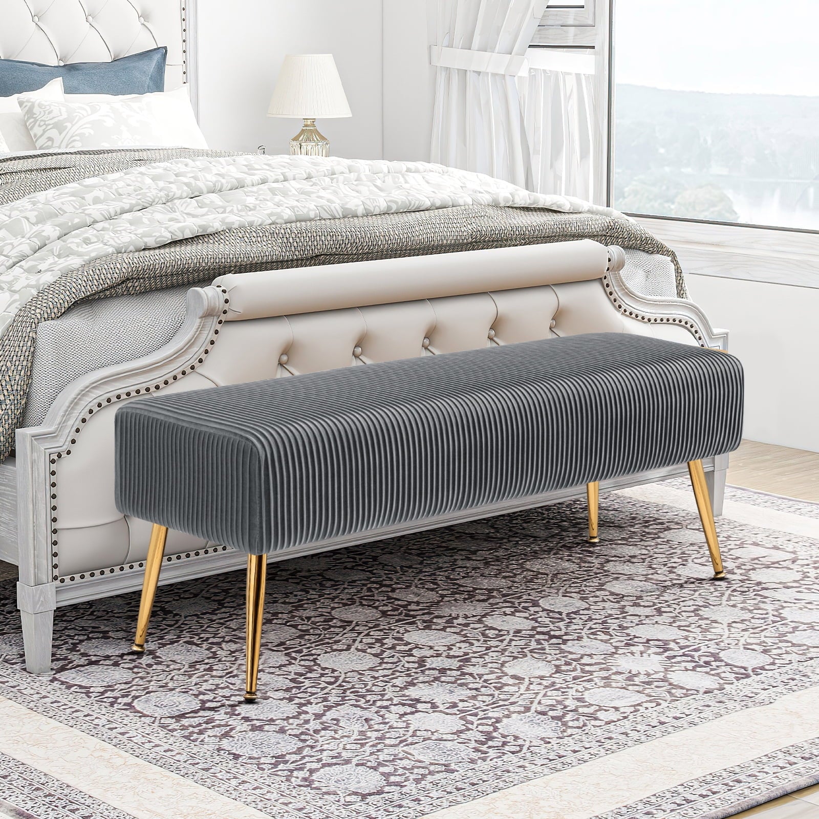 Furniliving Bedroom  Bench Modern Entryway  Bench Upholstered Ottoman Shoe Bench, Grey