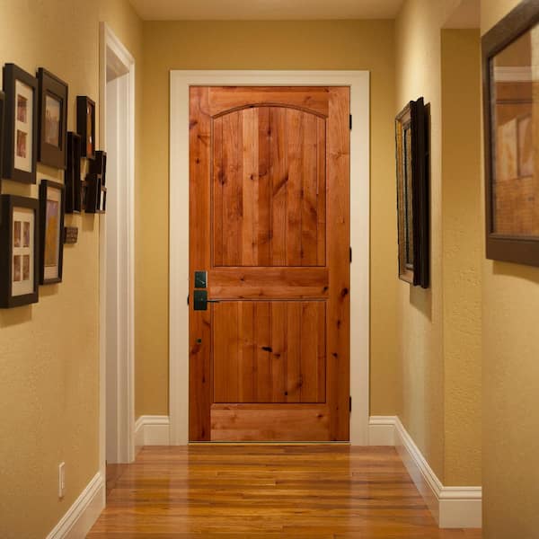 24 in. x 80 in. 2-Panel Arch Top V-Groove Universal Unfinished Knotty Alder Wood Front Door Slab with Ovolo Sticking