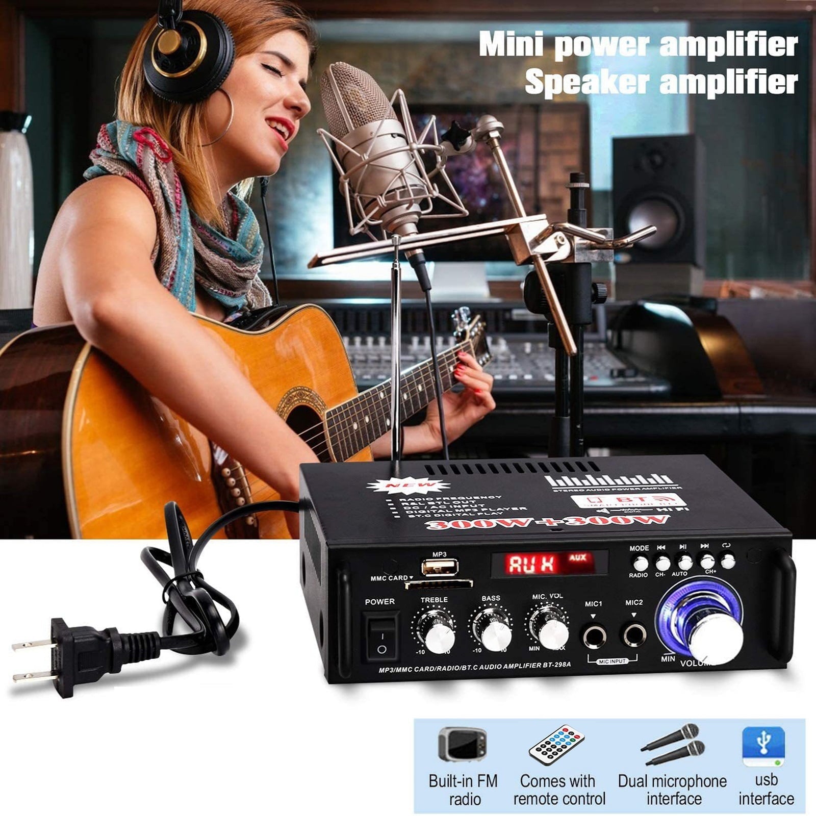 SOONHUA 600W Wireless Bluetooth 5.0 Stereo Audio Amplifier, with Bluetooth LCD Digital Display Stereo Receiver for Home Theater Speakers, Bass & Treble Control, USB/SD/RCA/MIC/FM in, Remote