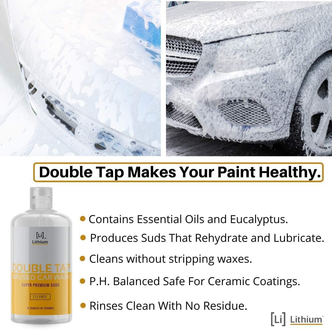 Lithium Double Tap Car Wash Shampoo is An Extremely Unique Blend of PH Balanced Cleaning Soap, Essential Oils, and Eucalyptus. A Combination That Lubricates, While It Cleans and Rehydrates your Paint