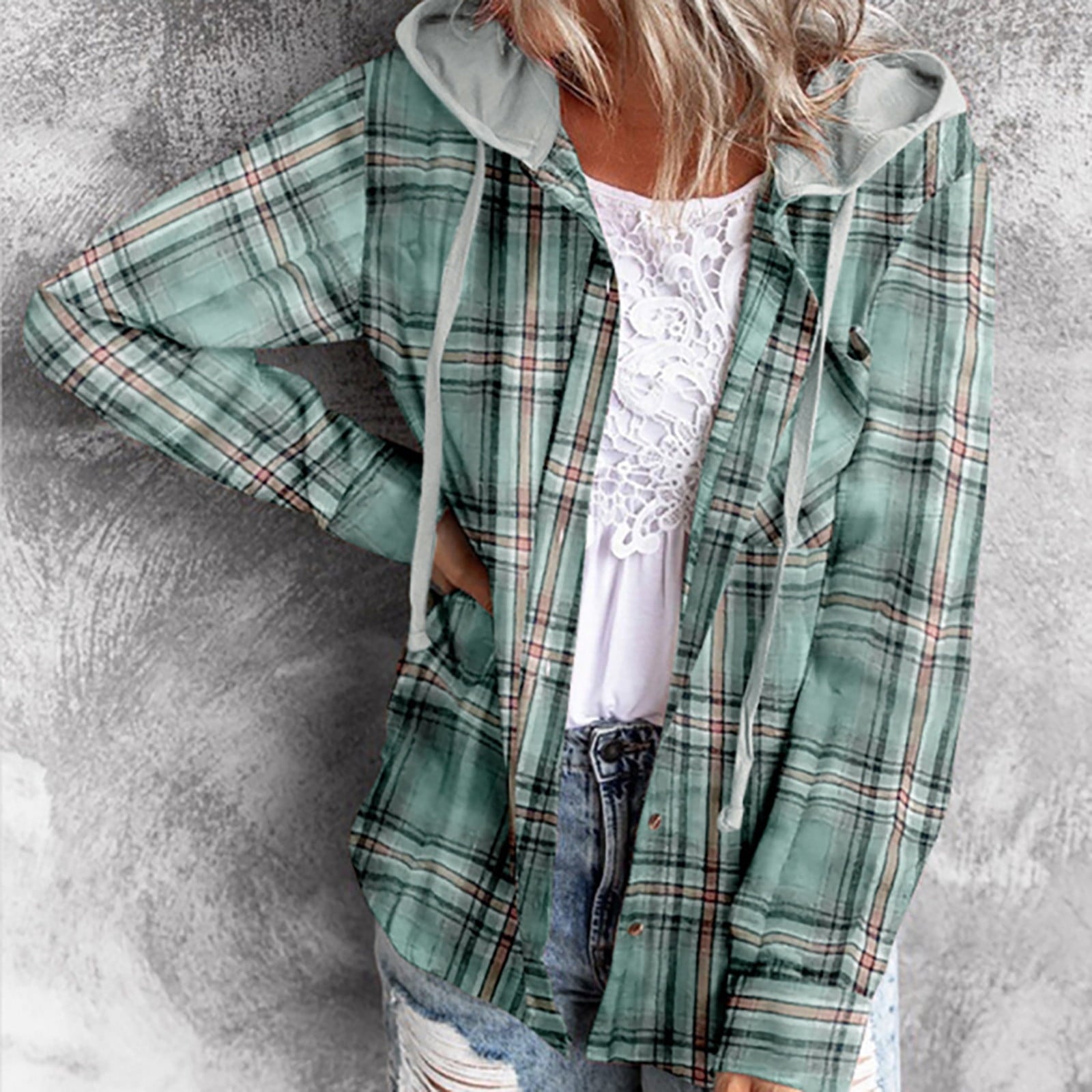 Women's Plaid Button Front Long Sleeve Drawstring Hoodie Jacket,Womens Shacket Jacket Plaid Hooded Shirt Jackets