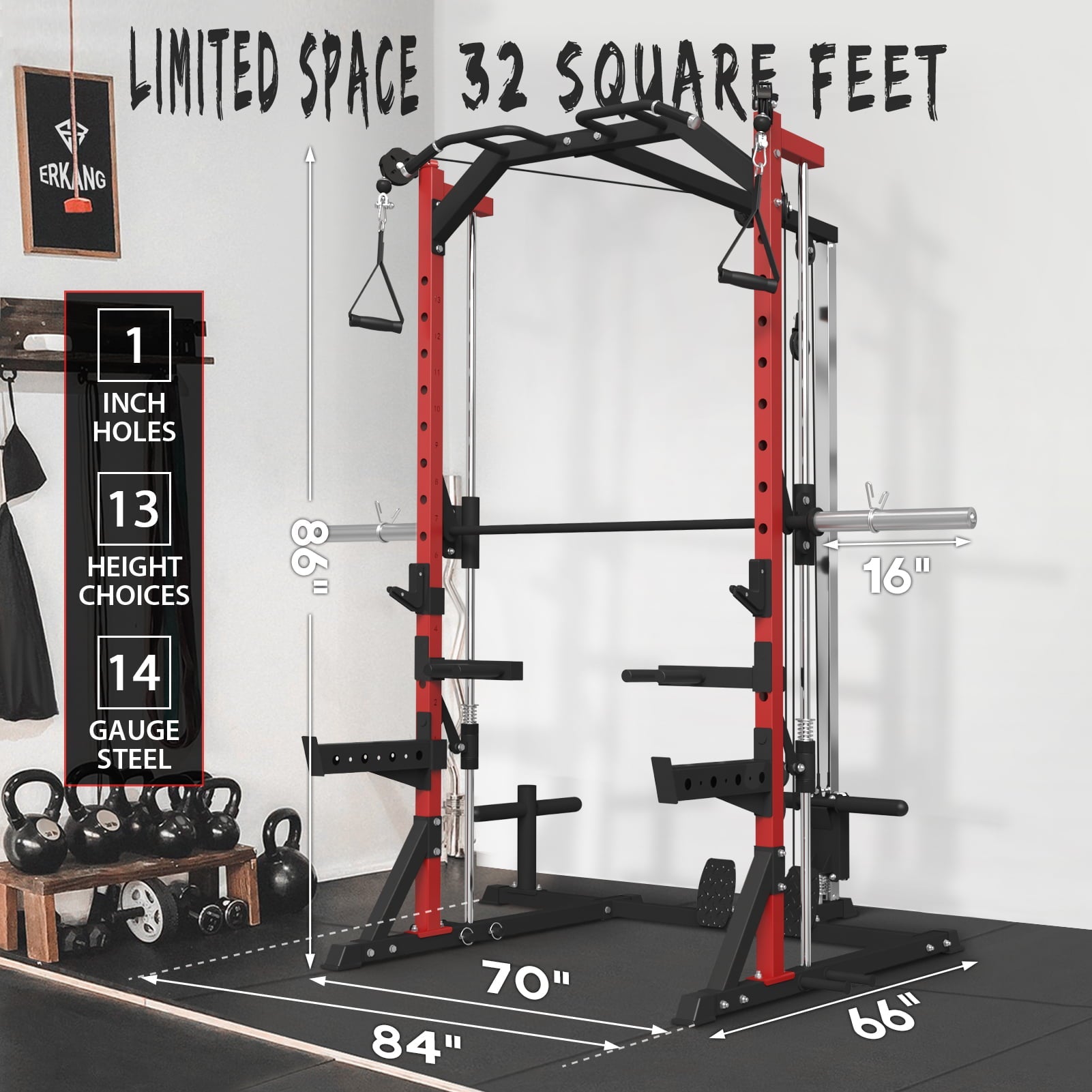 Mikolo Smith Machine Home Gym, Multi-Functional Power Rack with Cable Crossover System, Squat Rack with Weight Bar, Landmine, Dip Bars, T-Bar and Other Attachements