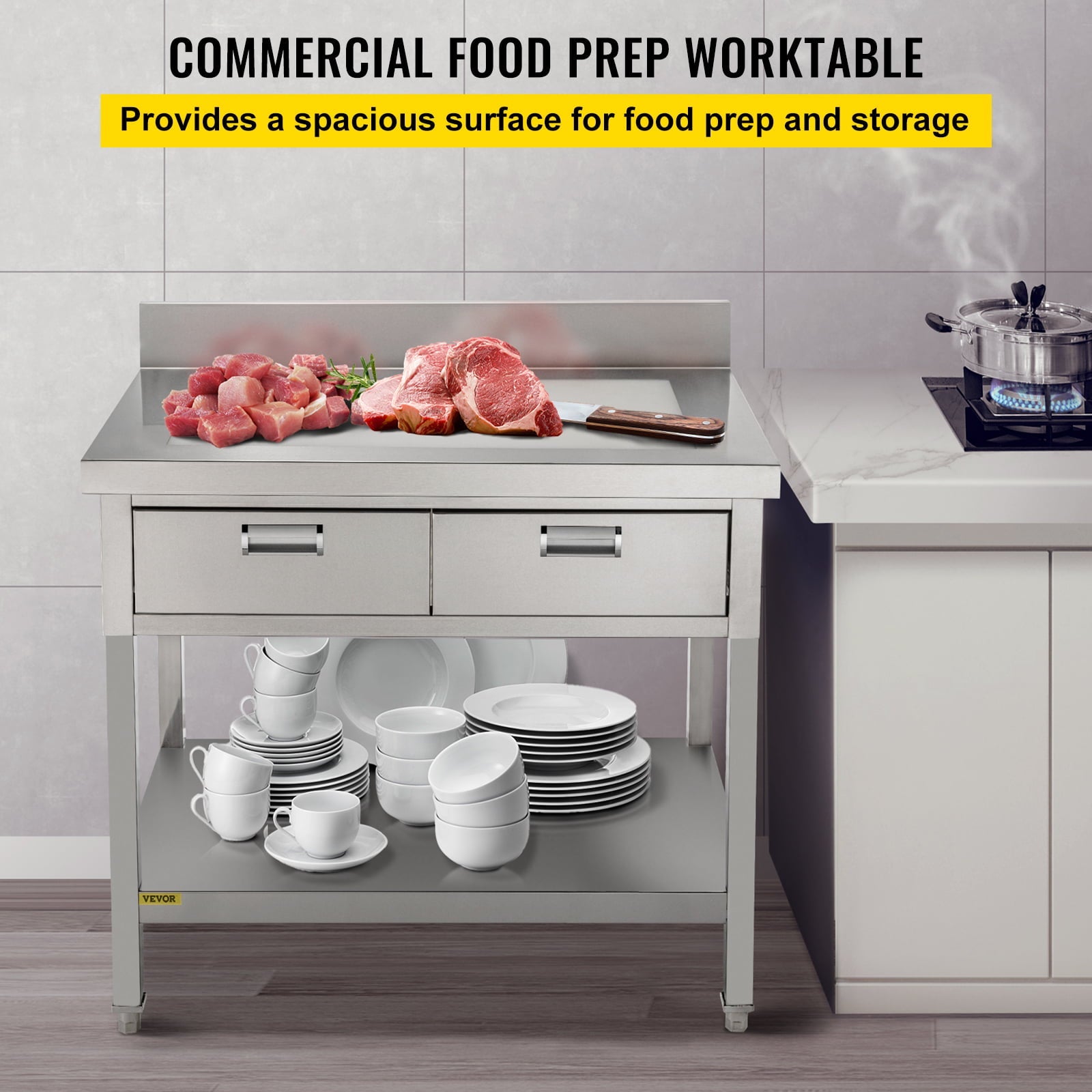 Commercial Work Table Workstation 24 x 42 Inches Commercial Food Prep Work Table with 2 Drawers, Undershelf and Backsplash, 992 lbs Load Stainless-Steel Kitchen Island for Restaurant, Home and Hotel