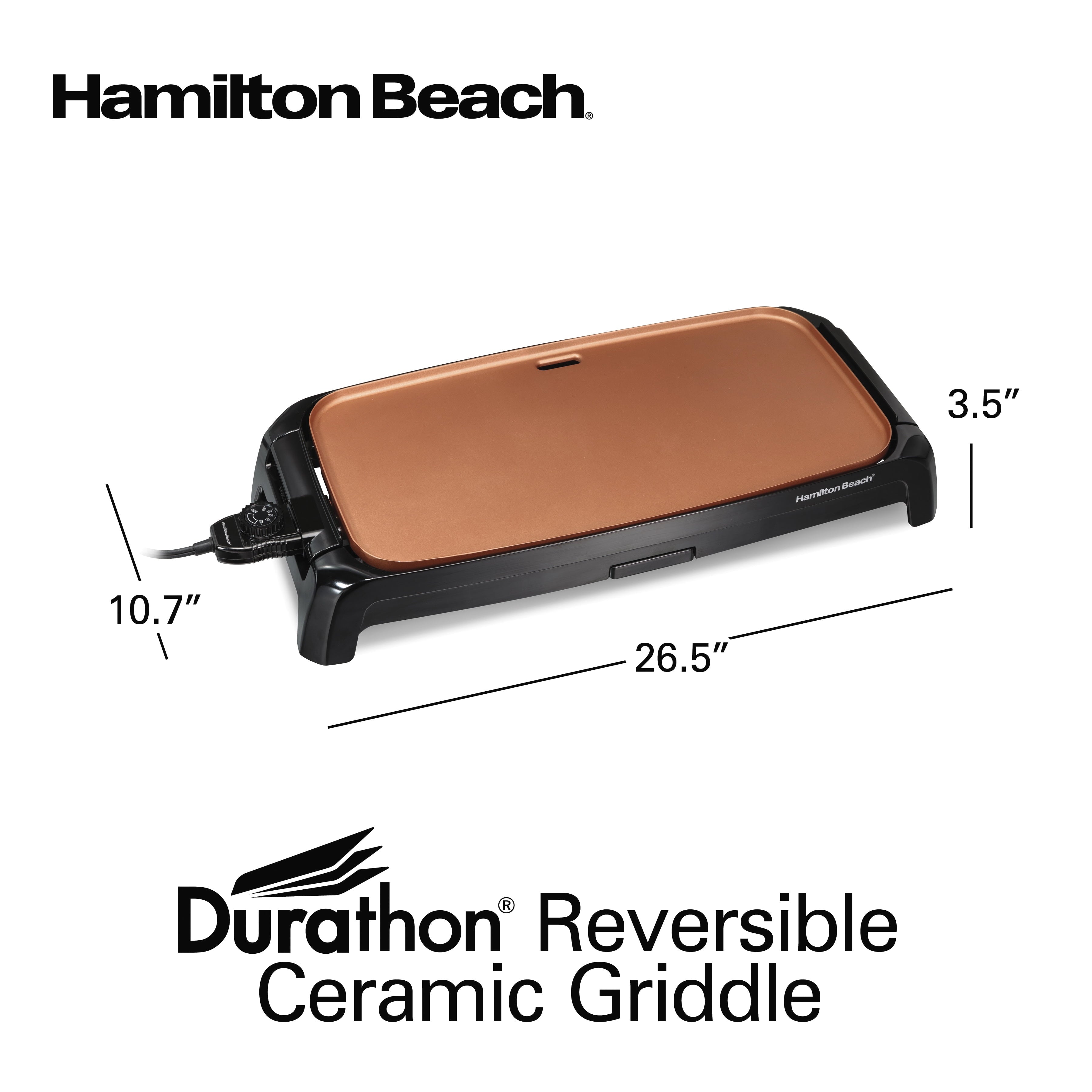 Hamilton Beach Durathon Ceramic Griddle, Reversible, Copper-Tinted Durathon Nonstick Surface, 200 sq in, Black, 38519