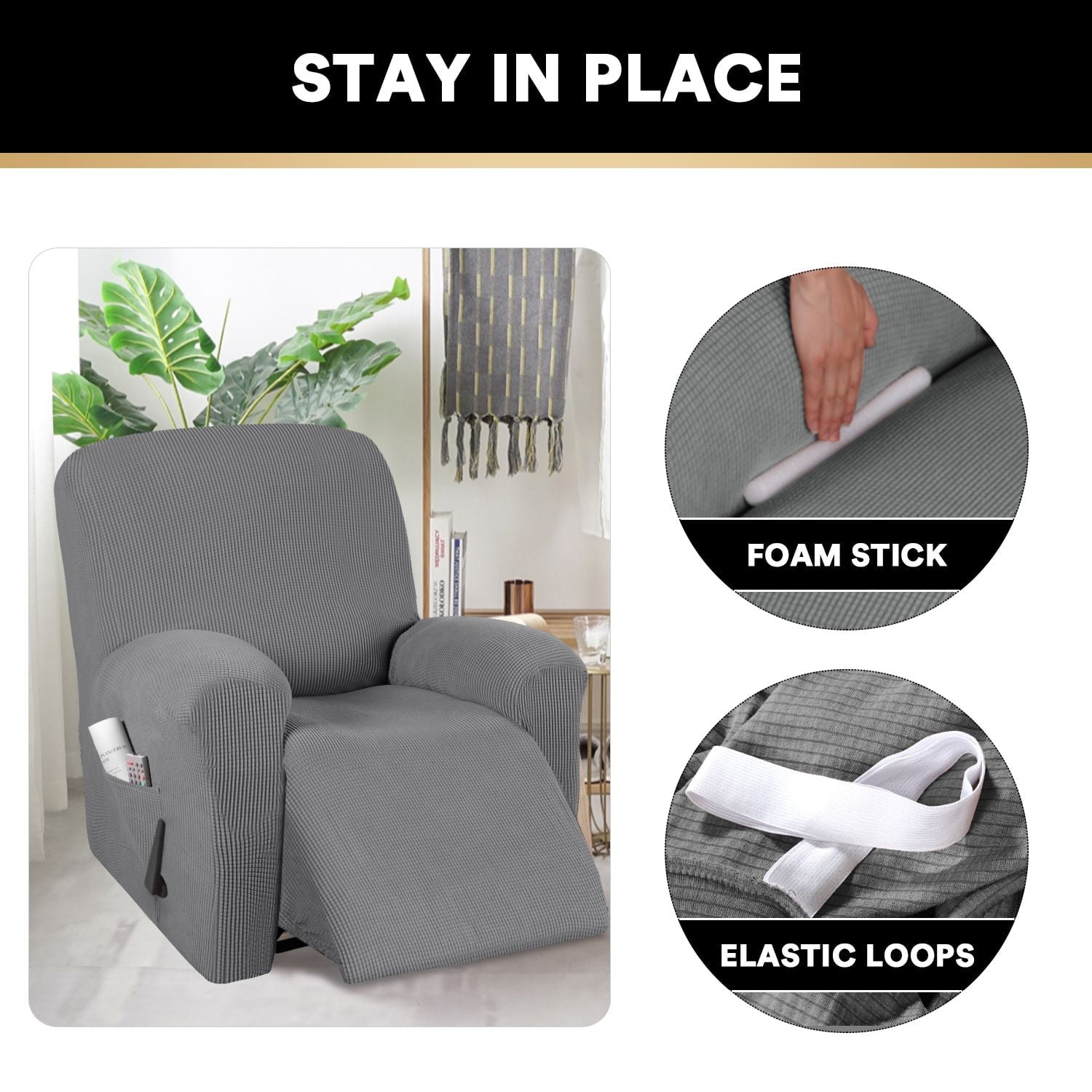 H.VERSAILTEX Stretch Fabric Checked Jacquard Recliner Slipcover, Charcoal Gray