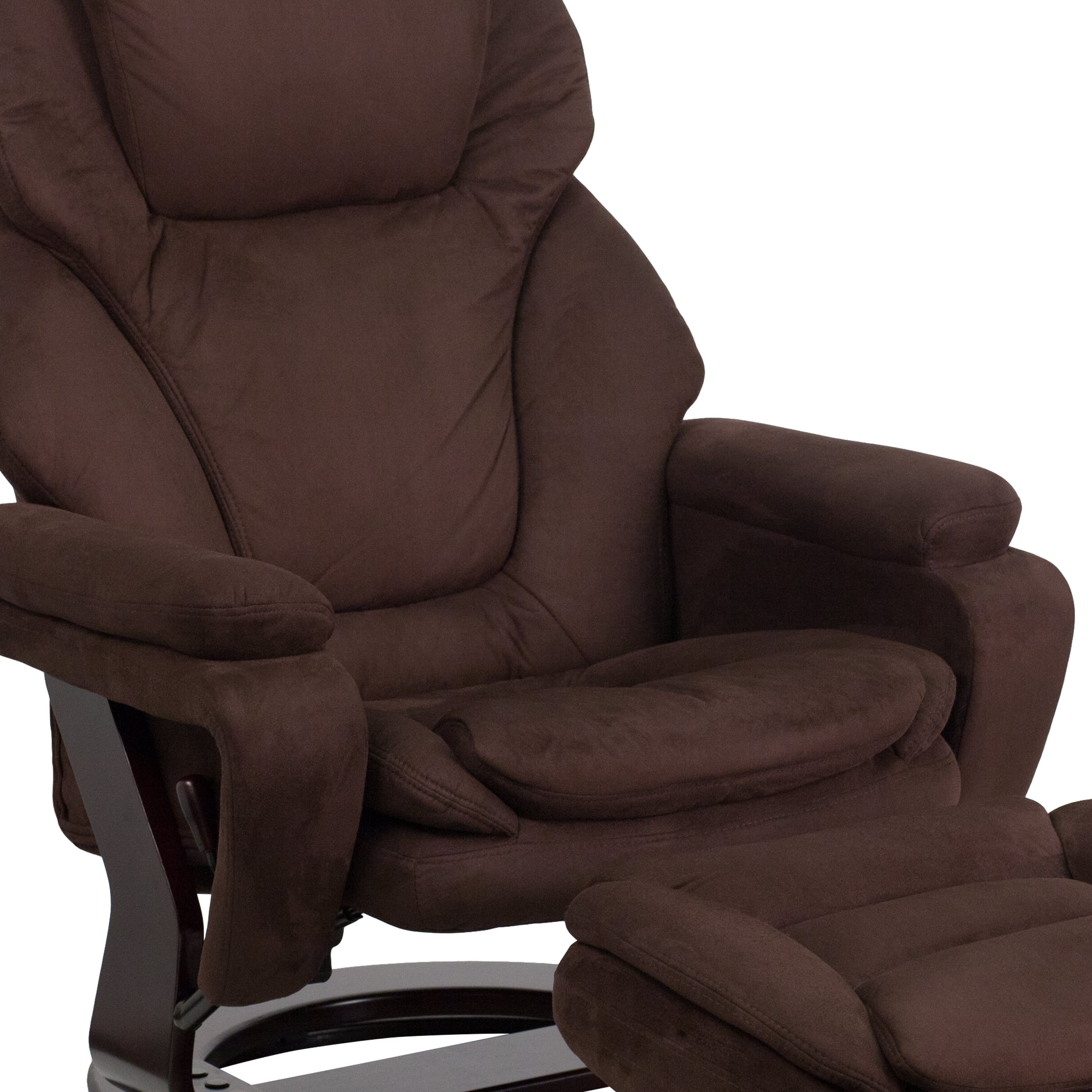 Emma + Oliver Multi-Position Recliner & Ottoman with Swivel Wood Base in Brown Microfiber